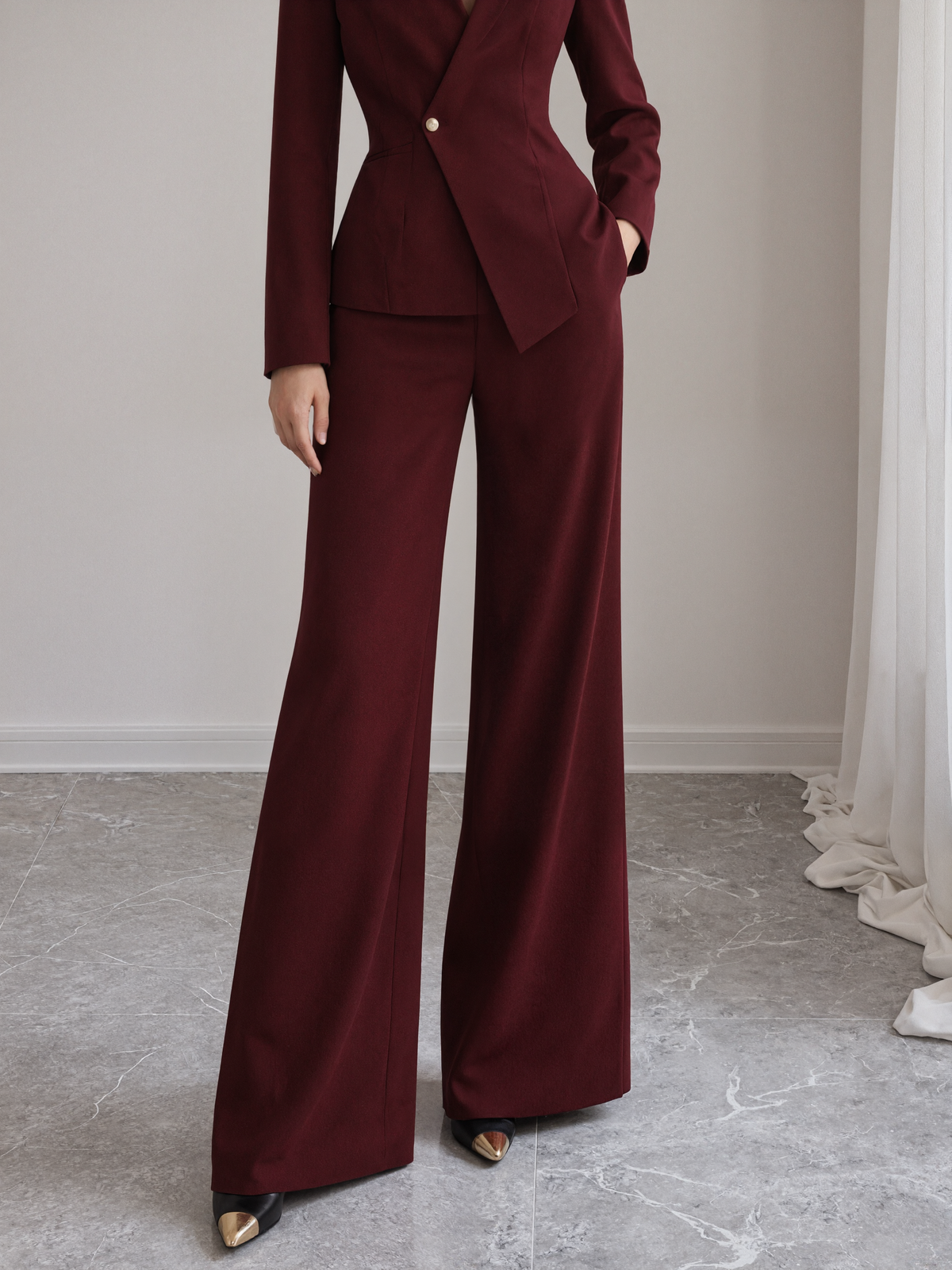 Burgundy Fitted Blazer And Wide Leg Pants 2-Piece Suit