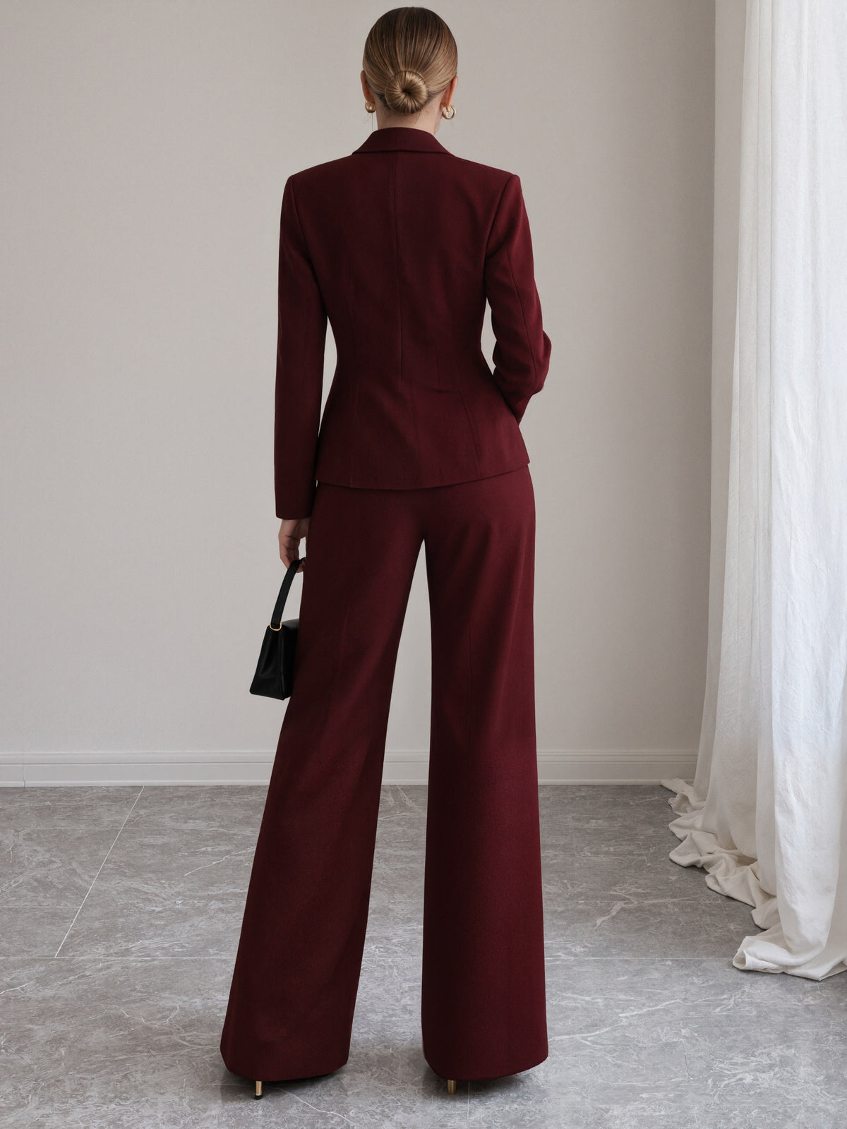 Burgundy Fitted Blazer And Wide Leg Pants 2-Piece Suit