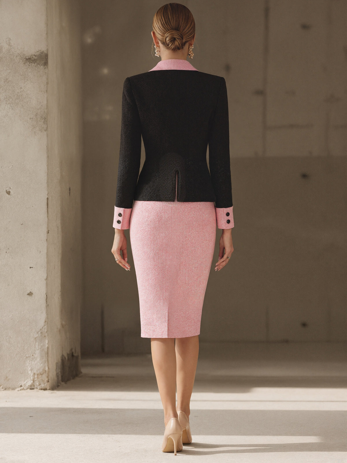 Black And Pink Tweed Blazer And Skirt 2-Piece Suit
