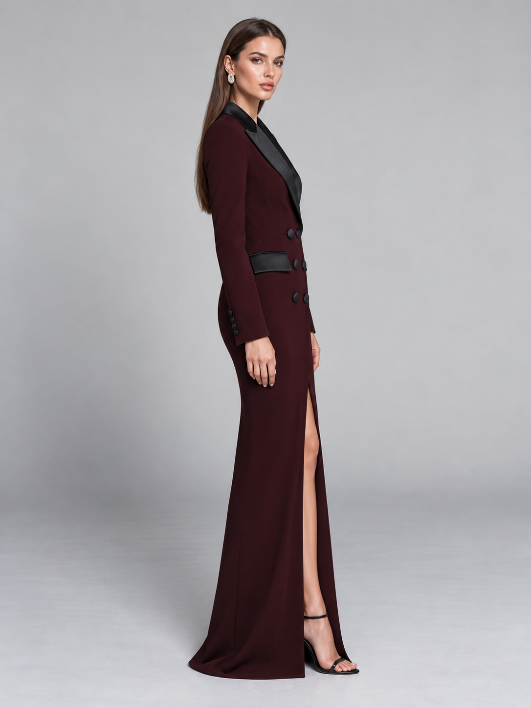 Burgundy Double Breasted Forked Long Blazer Dress