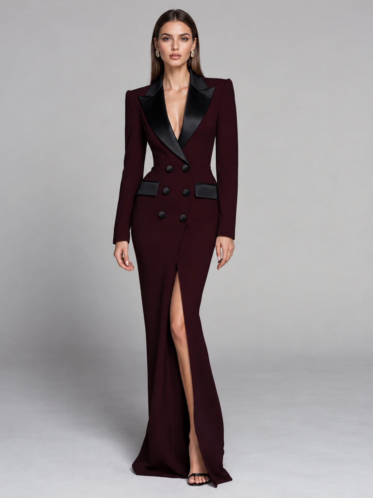 Burgundy Double Breasted Forked Long Blazer Dress