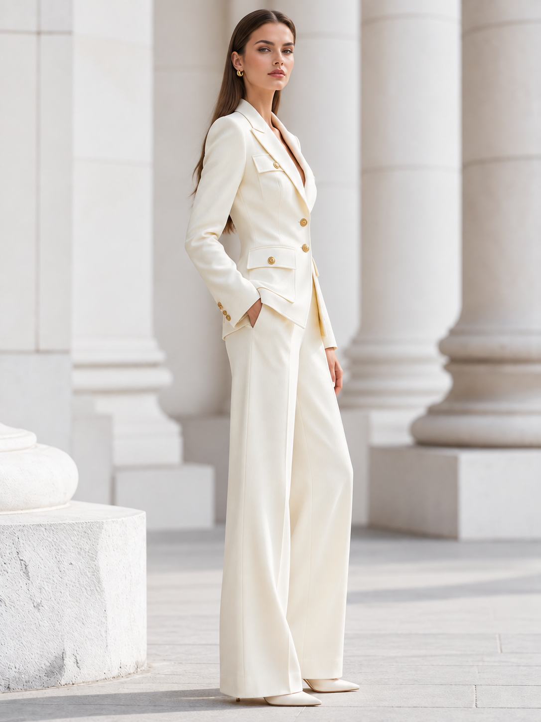 Cream Colored Single Breasted Blazer With Peak Lapels And Wide Leg Pants 2-Piece Suit