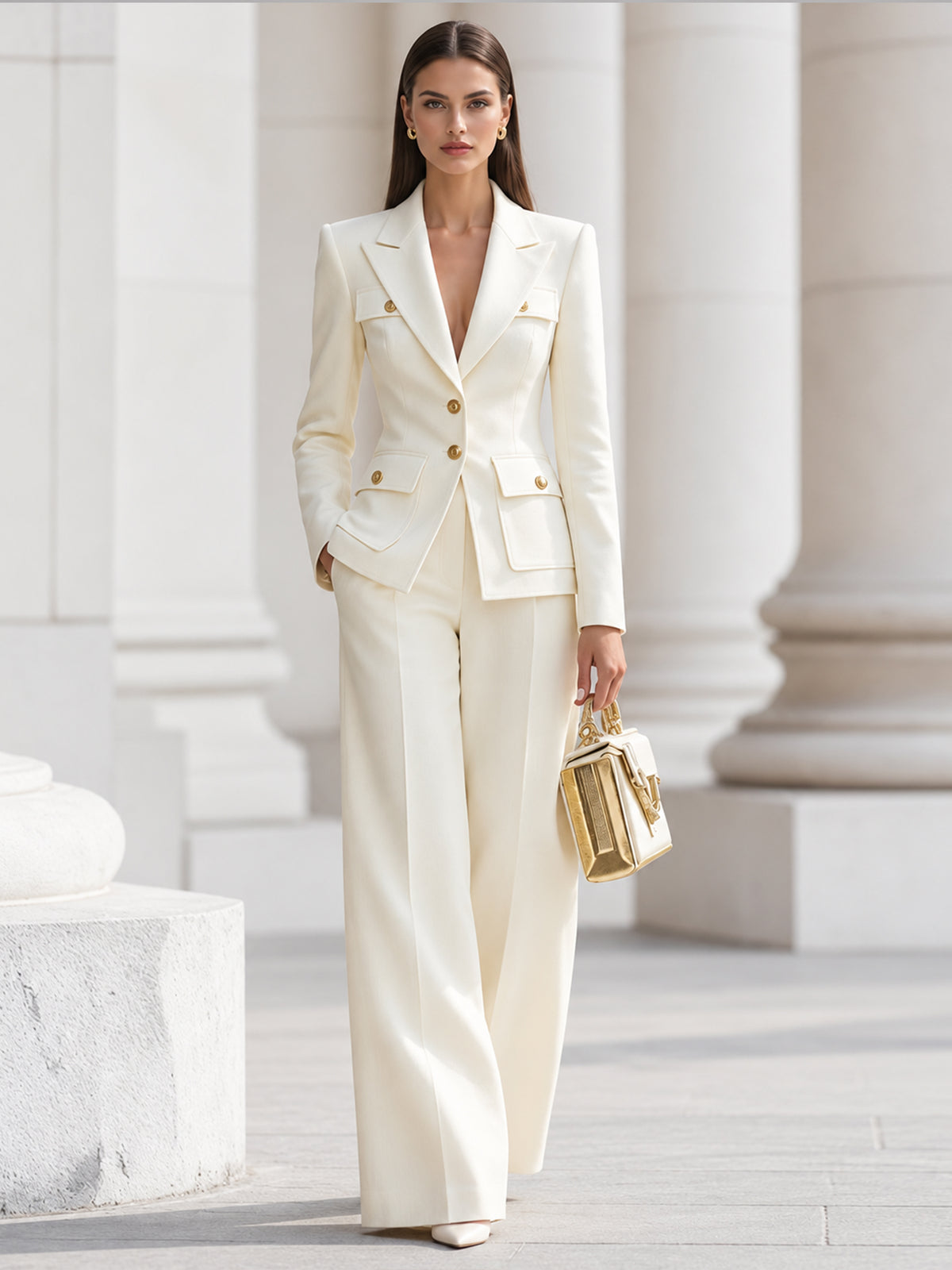 Cream Colored Single Breasted Blazer With Peak Lapels And Wide Leg Pants 2-Piece Suit
