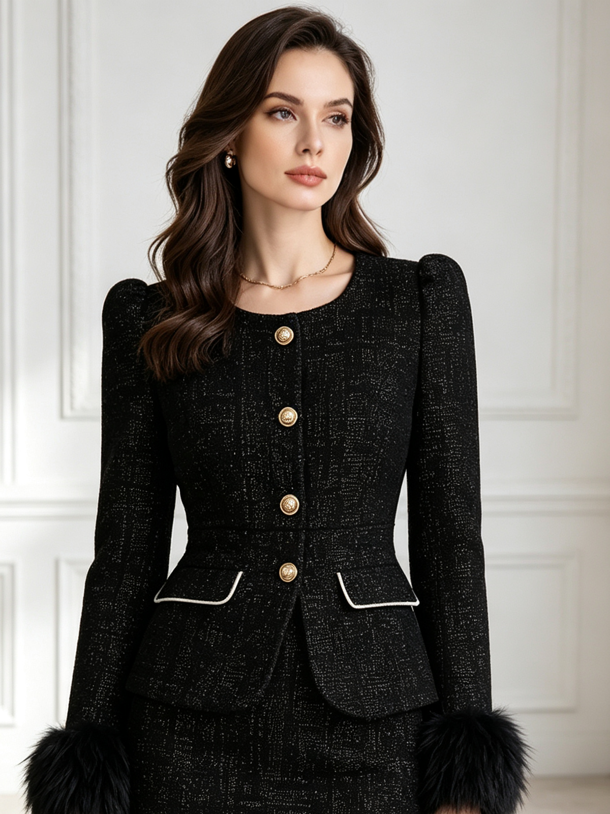 Black Tweed Round Neck Gold Button Blazer & Pencil Midi Skirt 2-Piece Suit