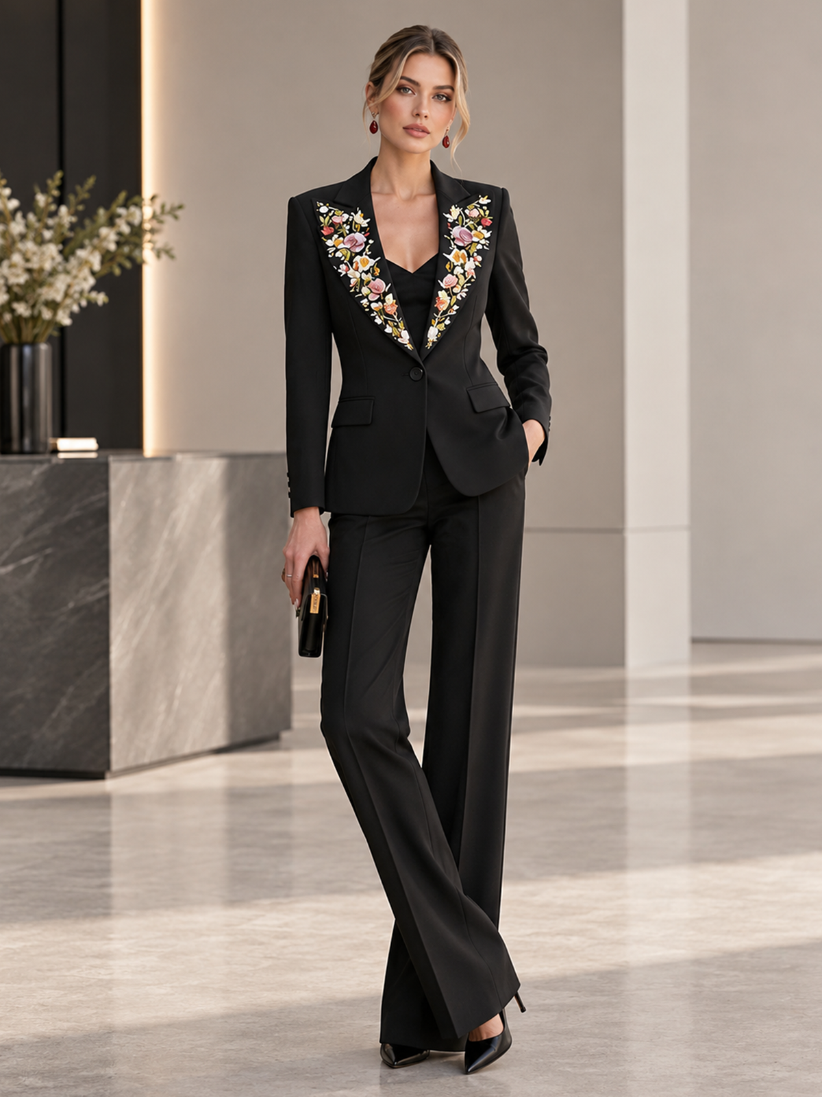 Black Notch Lapel Single Button Blazer & Wide Leg Trousers 2-Piece Suit