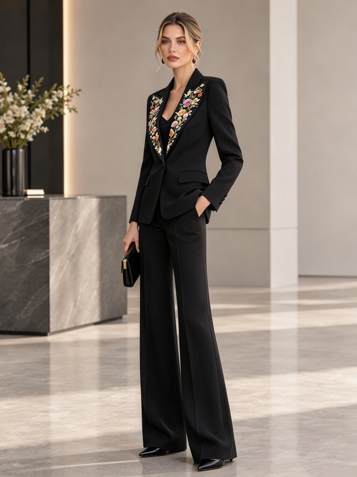 Black Notch Lapel Single Button Blazer & Wide Leg Trousers 2-Piece Suit