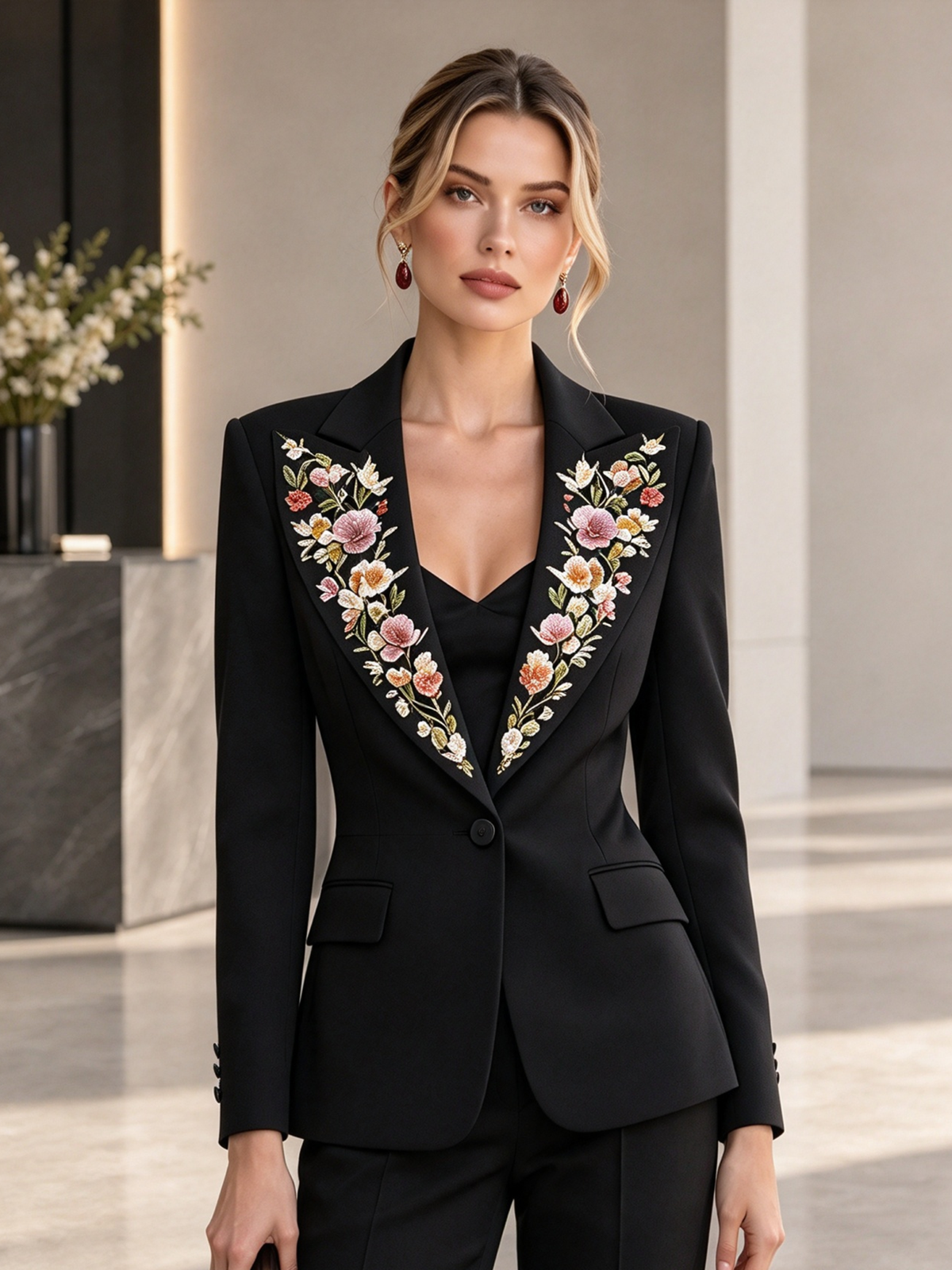 Black Notch Lapel Single Button Blazer & Wide Leg Trousers 2-Piece Suit