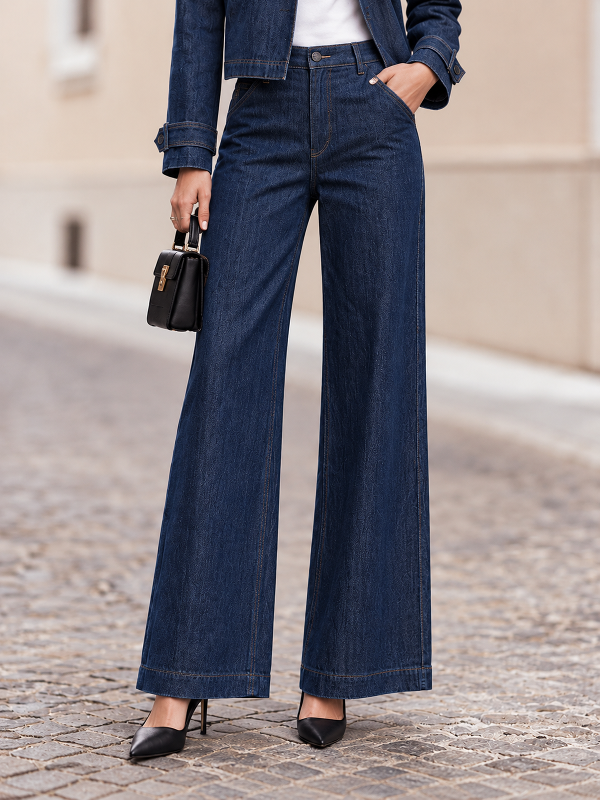 Dark Blue Denim Notch Lapel Single Button Blazer & Wide Leg Pants 2-Piece Suit