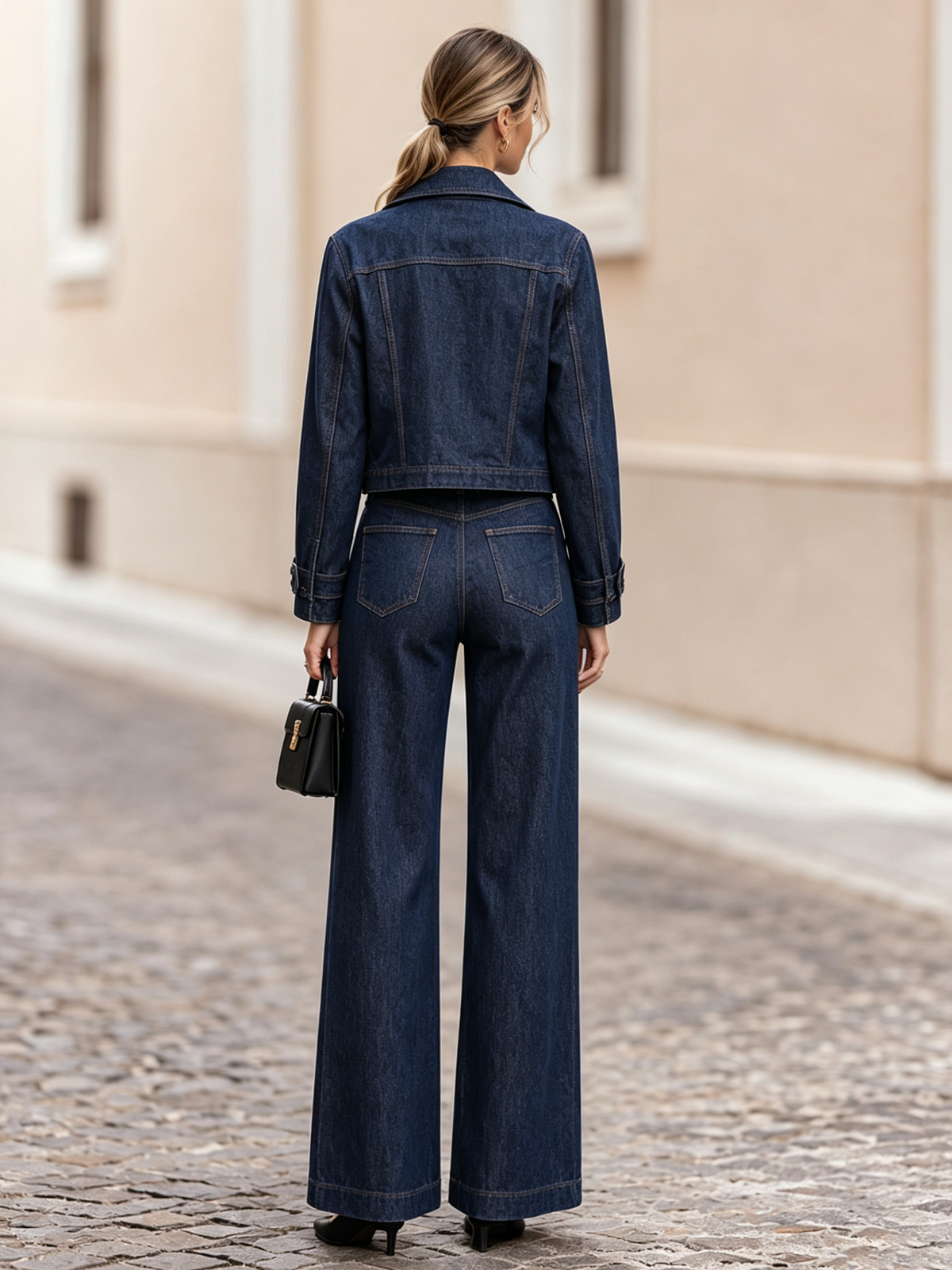 Dark Blue Denim Notch Lapel Single Button Blazer & Wide Leg Pants 2-Piece Suit