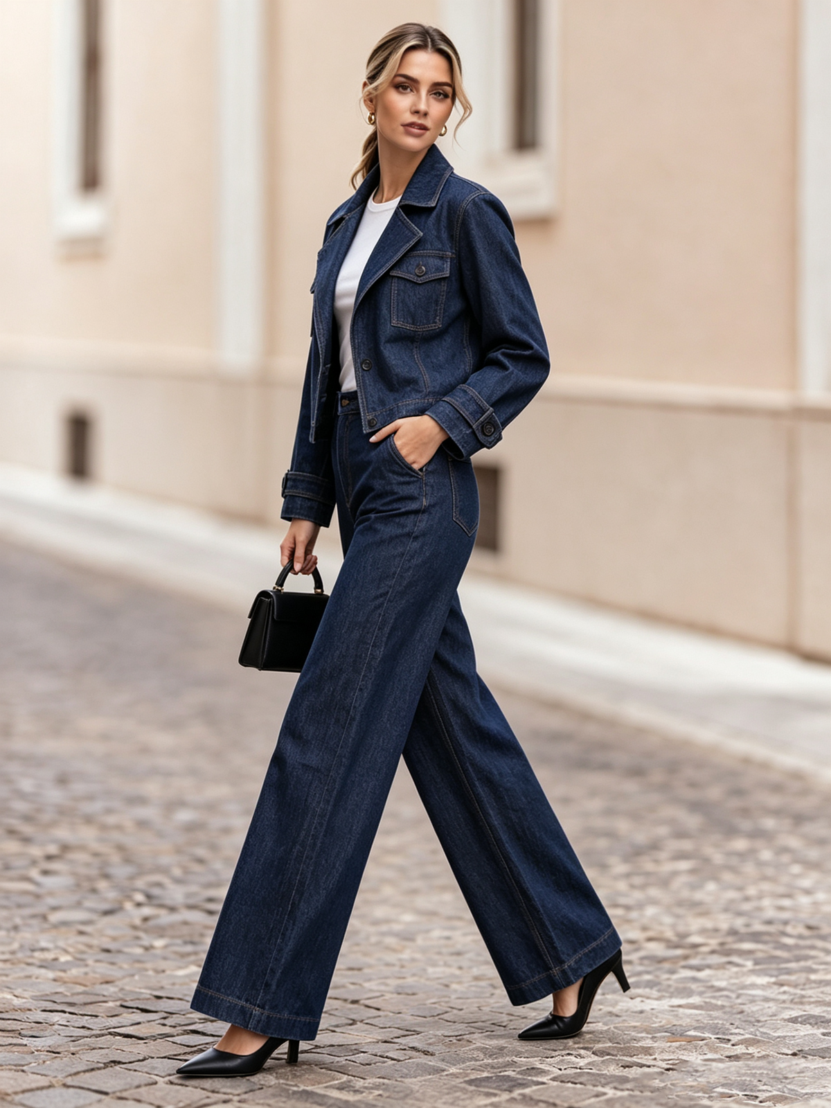 Dark Blue Denim Notch Lapel Single Button Blazer & Wide Leg Pants 2-Piece Suit