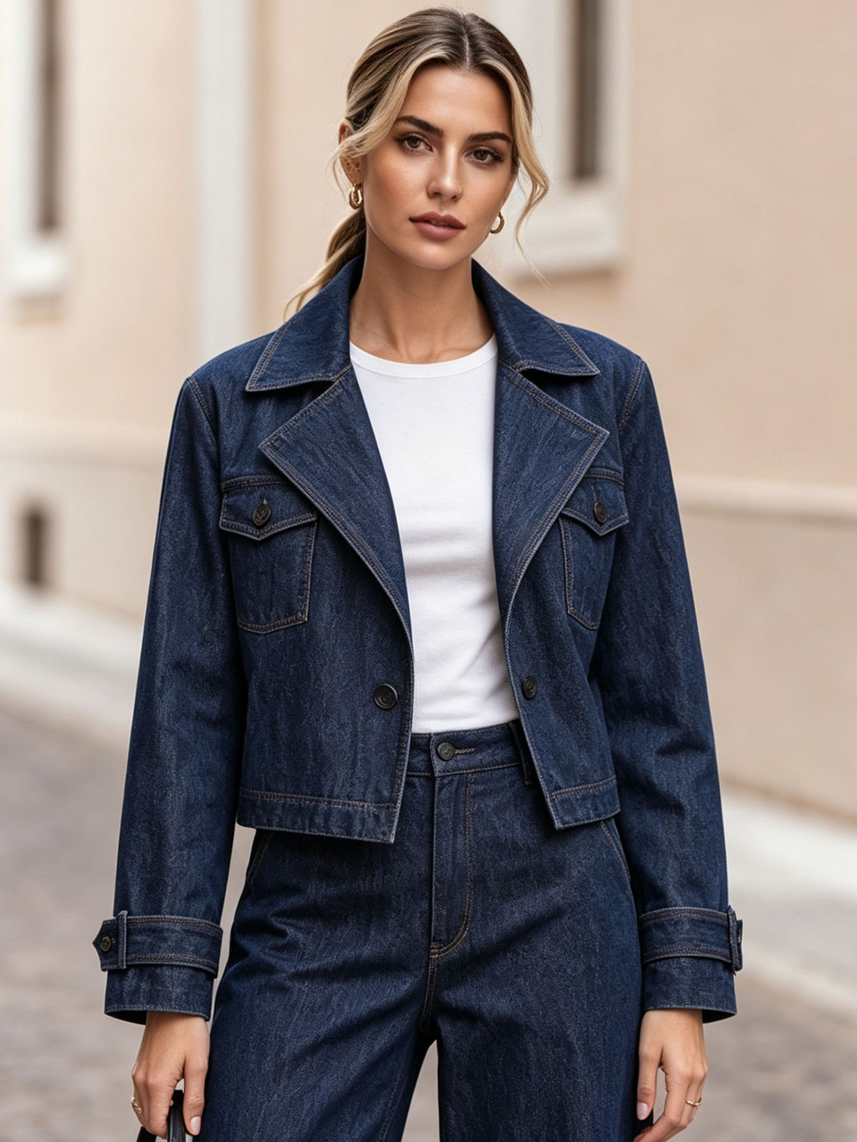 Dark Blue Denim Notch Lapel Single Button Blazer & Wide Leg Pants 2-Piece Suit
