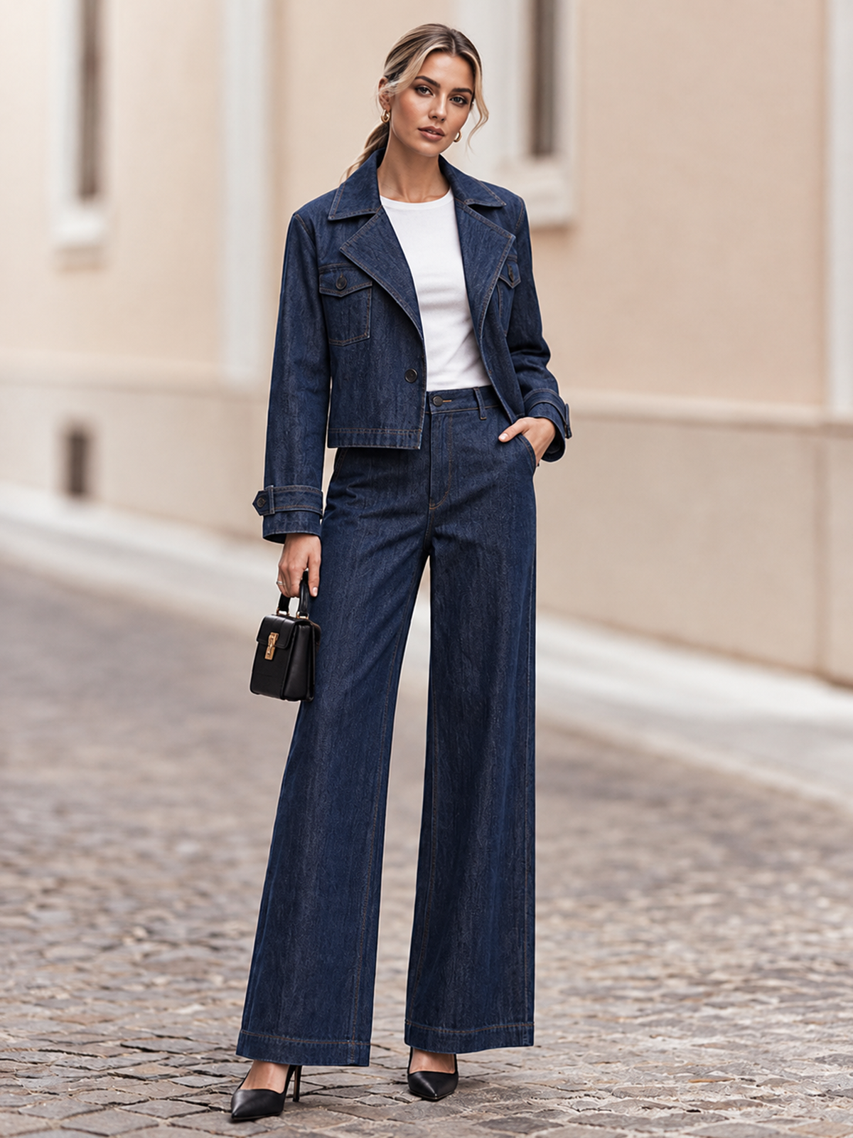 Dark Blue Denim Notch Lapel Single Button Blazer & Wide Leg Pants 2-Piece Suit