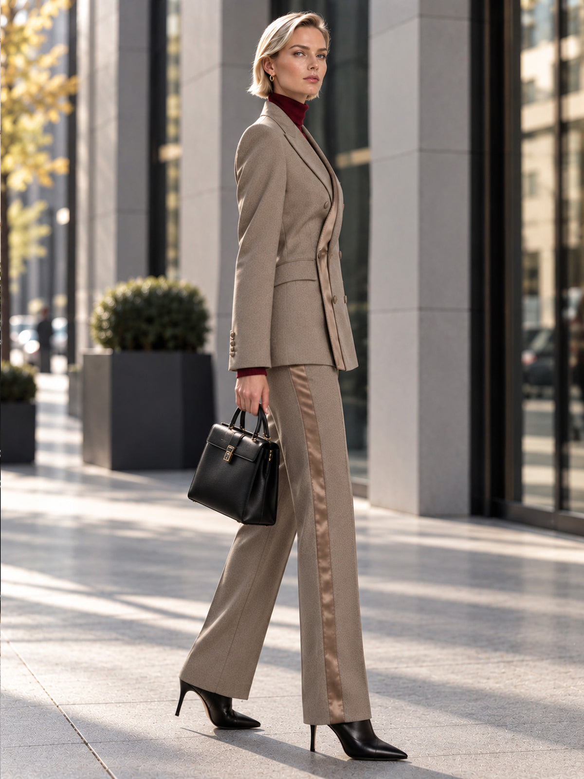 Grey Coffee Peak Lapel Double Breasted Blazer & Straight Leg Pants 2-Piece Suit