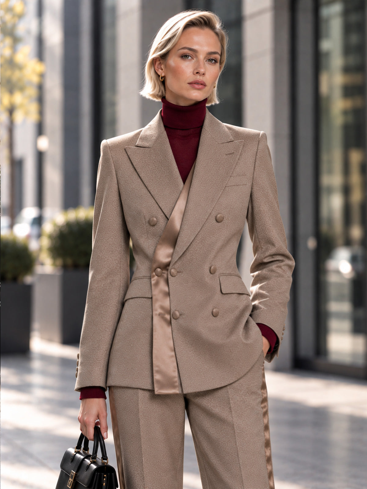 Grey Coffee Peak Lapel Double Breasted Blazer & Straight Leg Pants 2-Piece Suit
