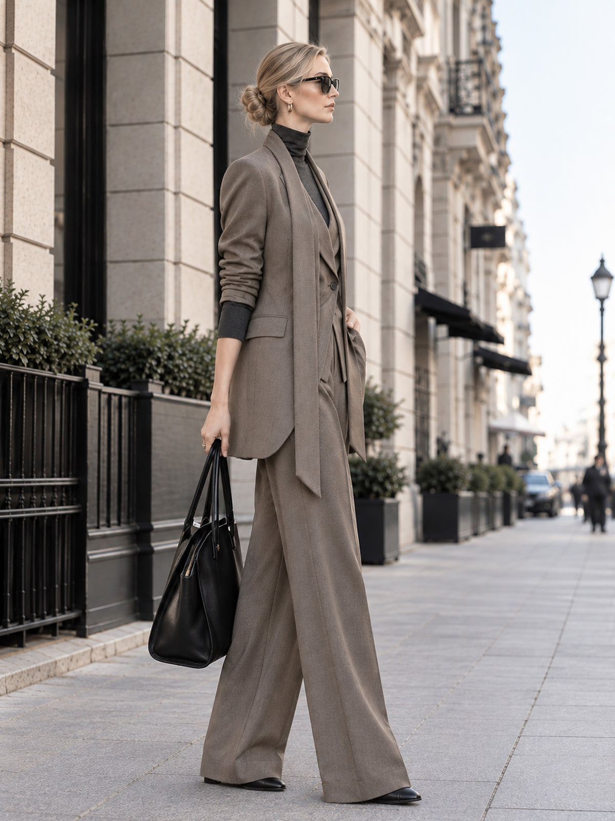 Grey Coffee Tie Collar Blazer & Shawl Collar Vest & Wide Leg Pants 3-Piece Suit