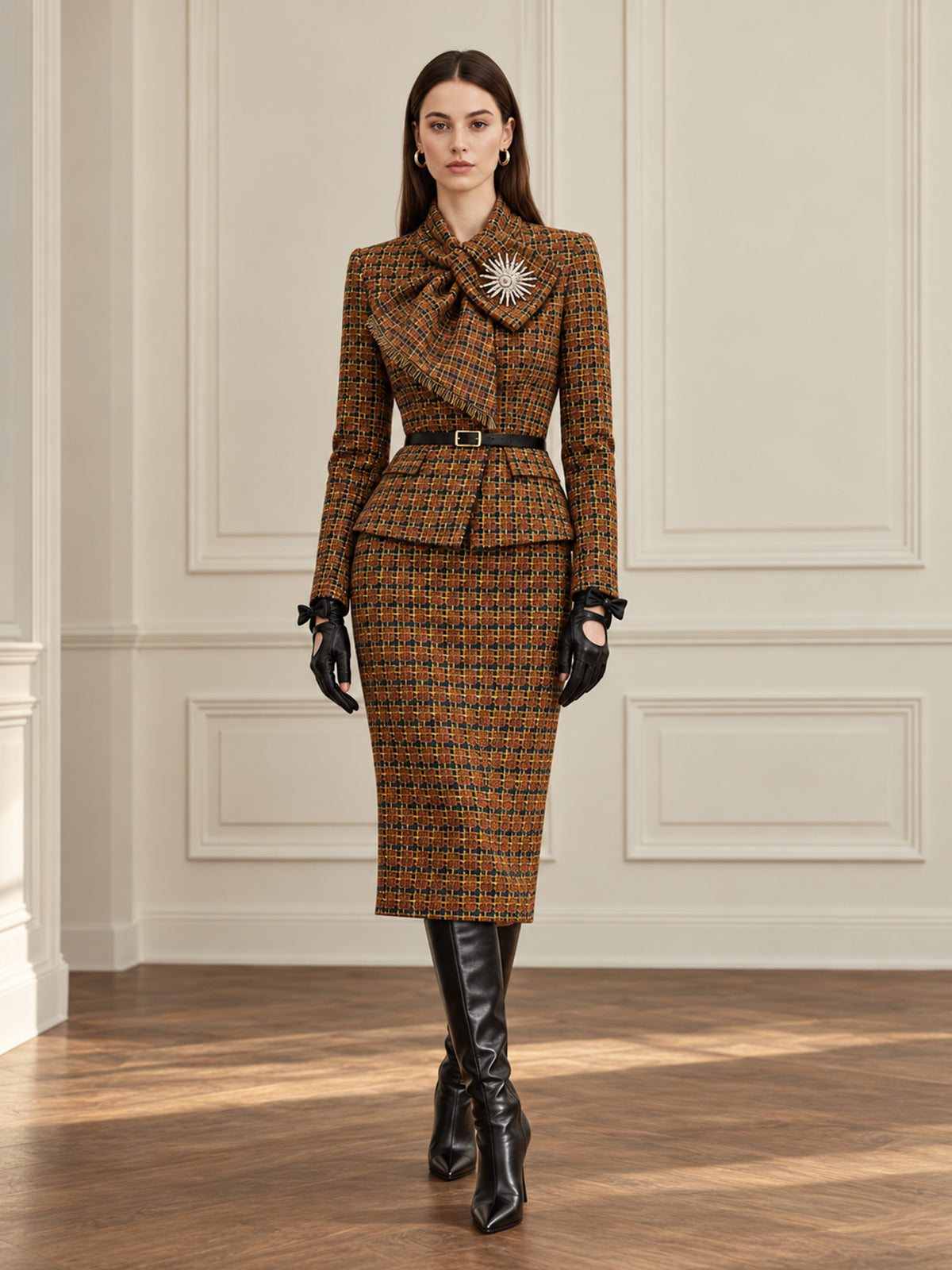 Deep Orange Flecked Check Tie Collar Blazer & Wrap Bodycon Skirt 2-Piece Suit