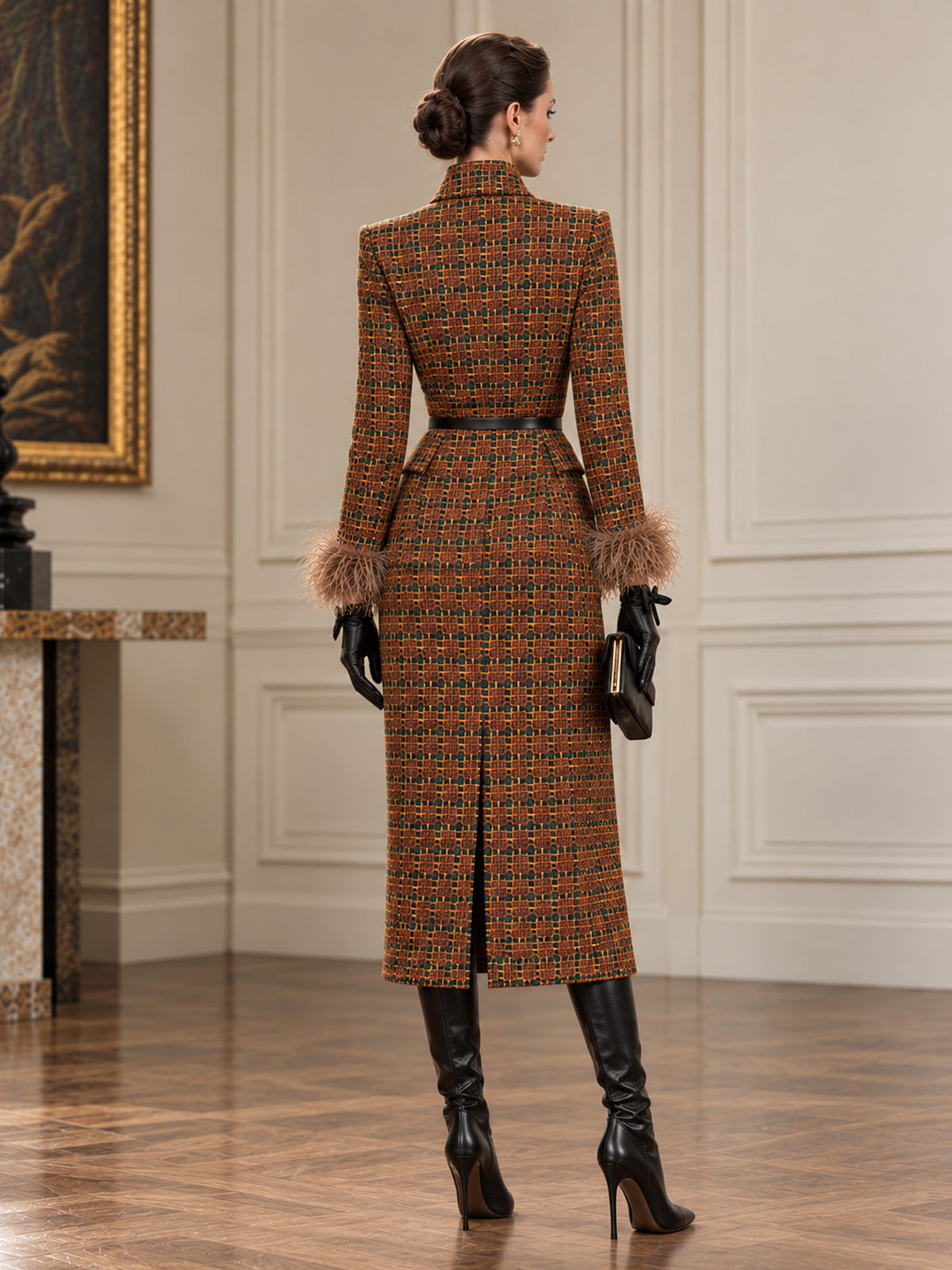 Deep Orange Flecked Check Tie Collar Long Blazer