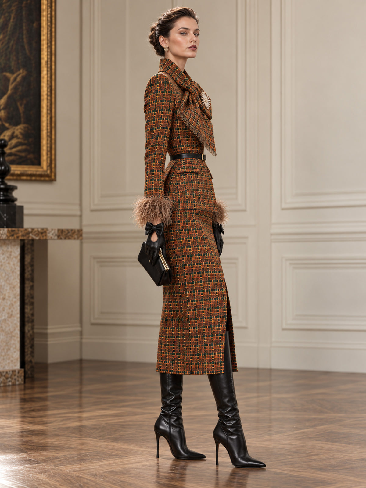 Deep Orange Flecked Check Tie Collar Long Blazer