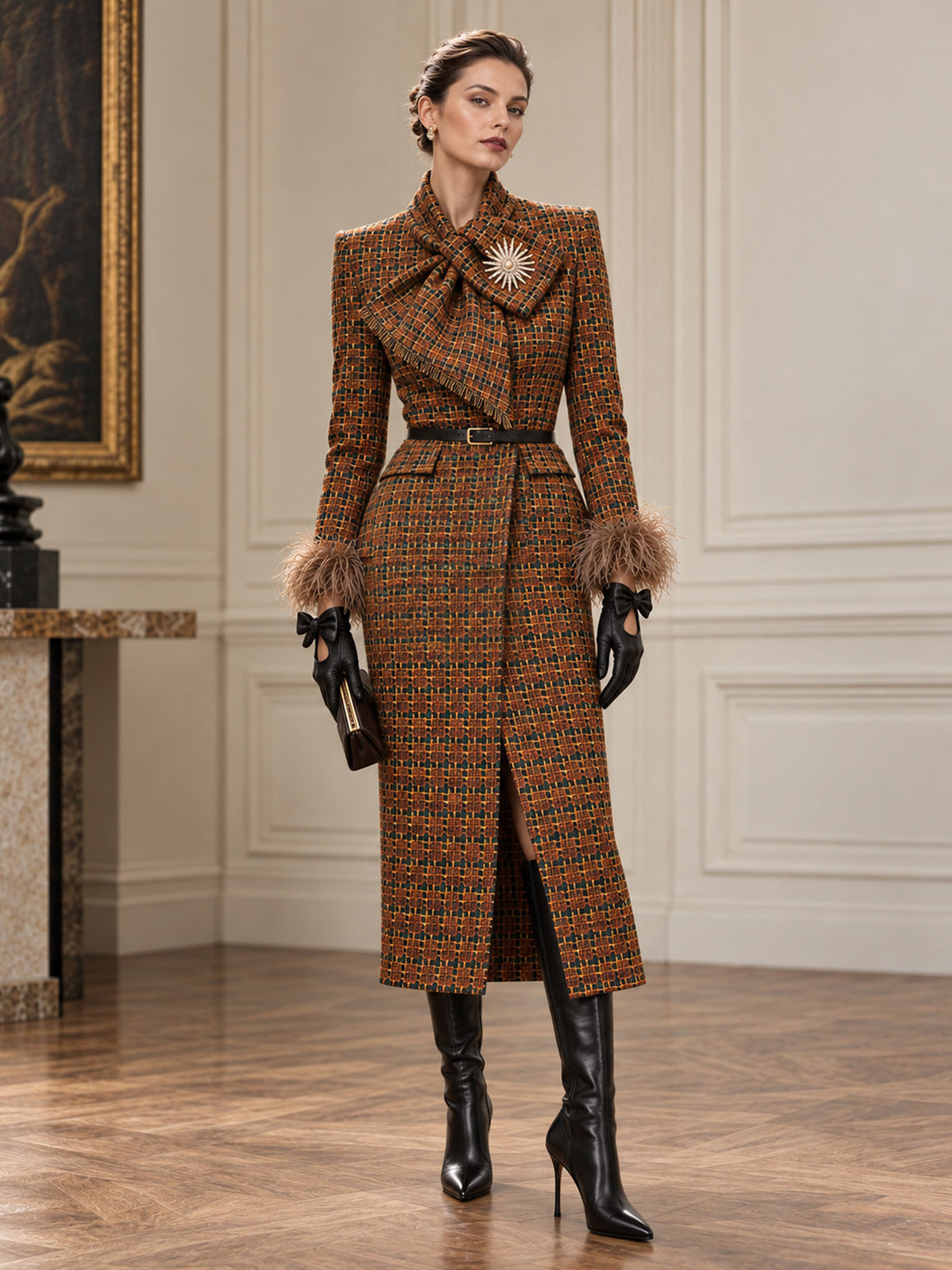 Deep Orange Flecked Check Tie Collar Long Blazer