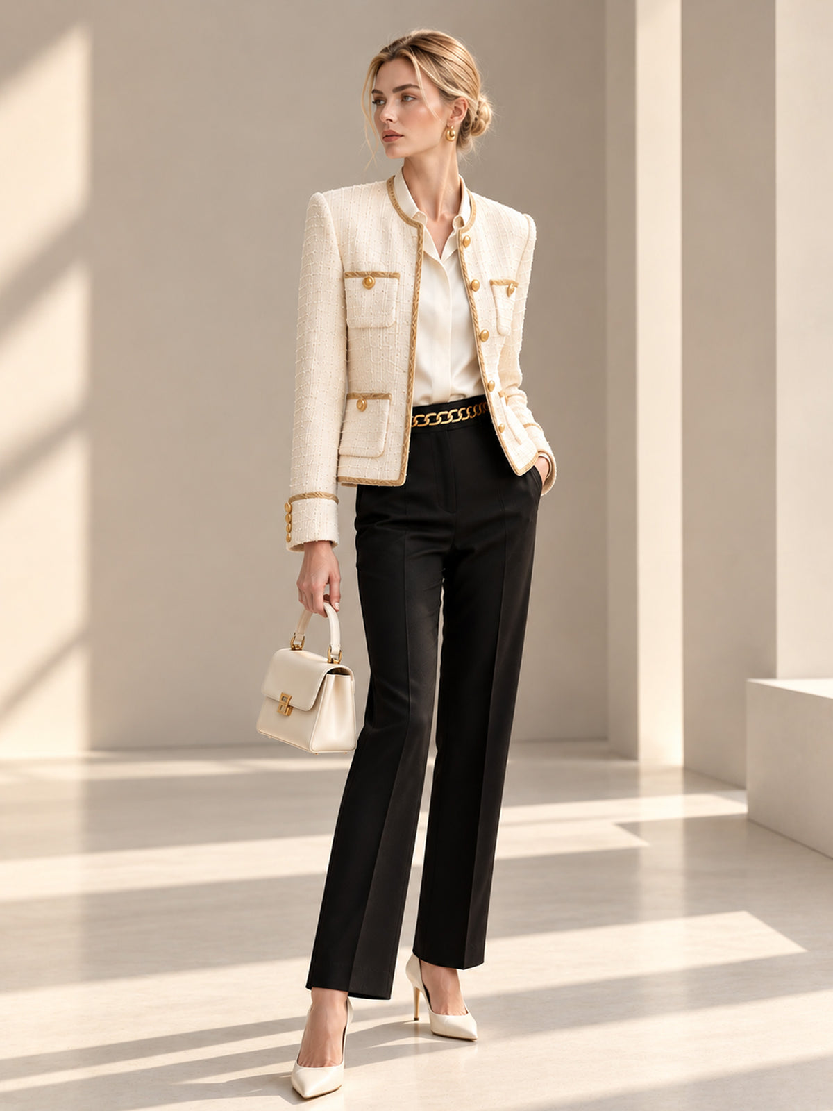 Off-white Tweed Round Neck 4-Pocket Blazer & Black Straight Leg Pants 2-Piece Suit