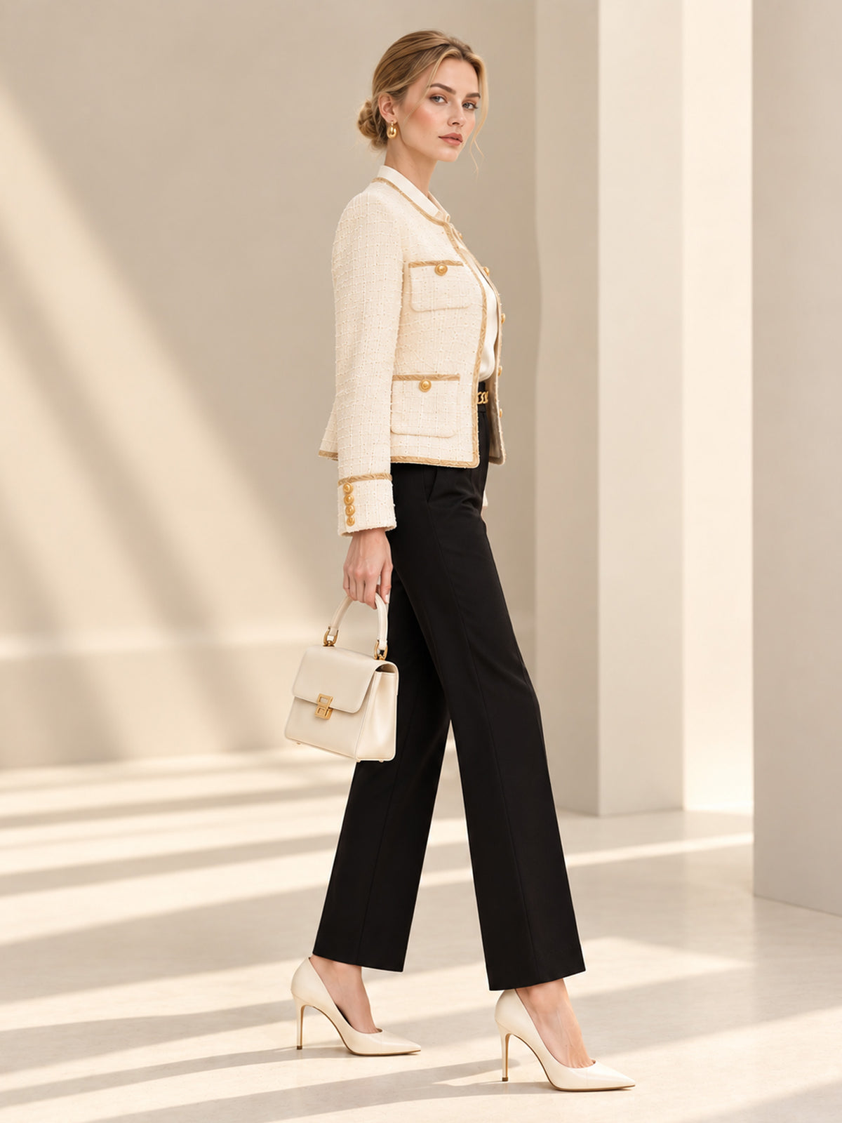 Off-white Tweed Round Neck 4-Pocket Blazer & Black Straight Leg Pants 2-Piece Suit