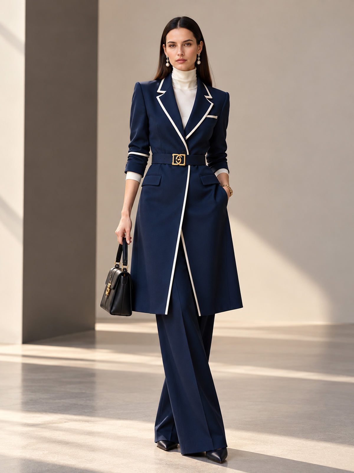 Navy Notch Lapel Long Blazer with White Thin Piping & Wide Leg Pants 2-Piece Suit