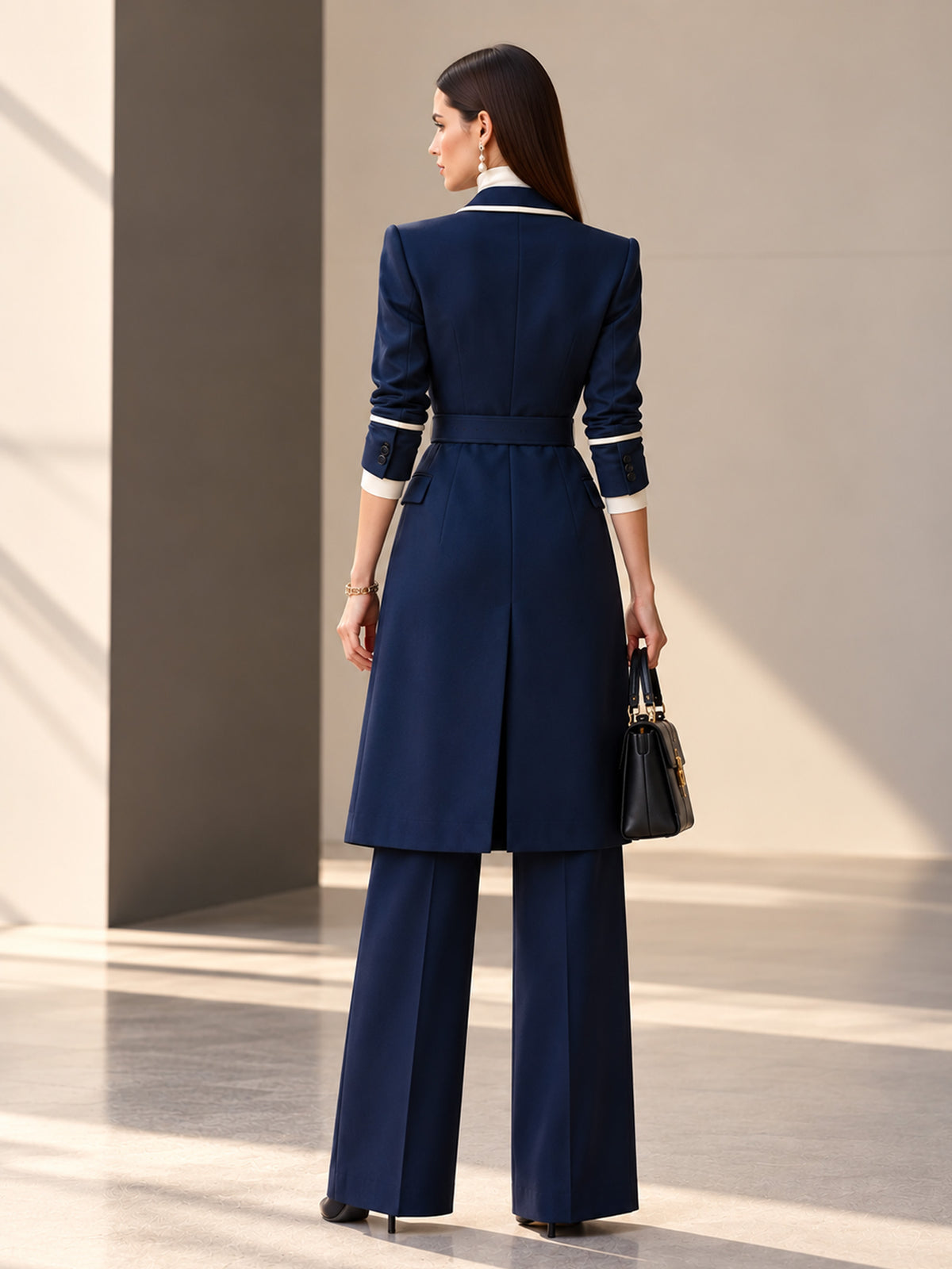 Navy Notch Lapel Long Blazer with White Thin Piping & Wide Leg Pants 2-Piece Suit