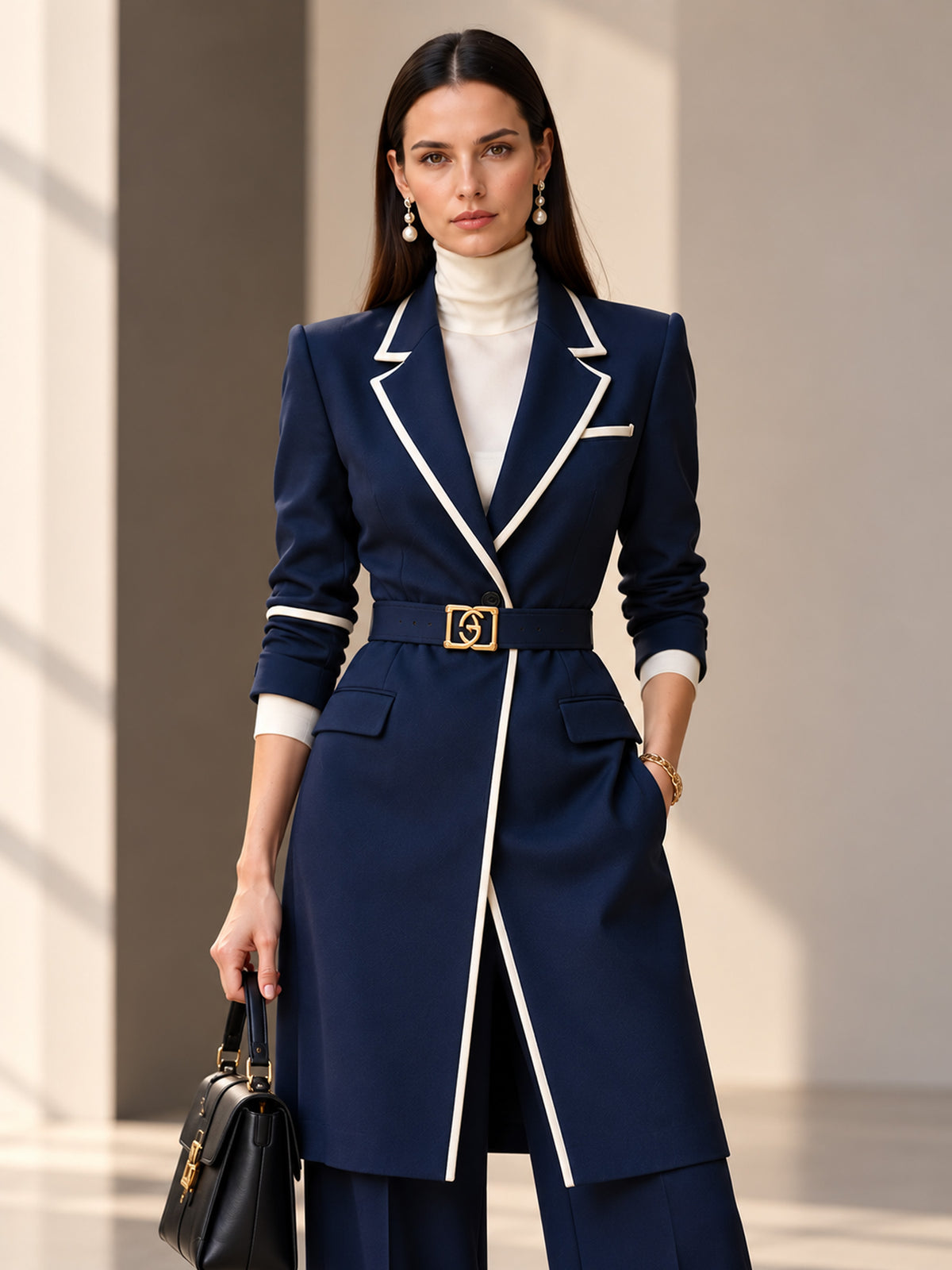 Navy Notch Lapel Long Blazer with White Thin Piping & Wide Leg Pants 2-Piece Suit