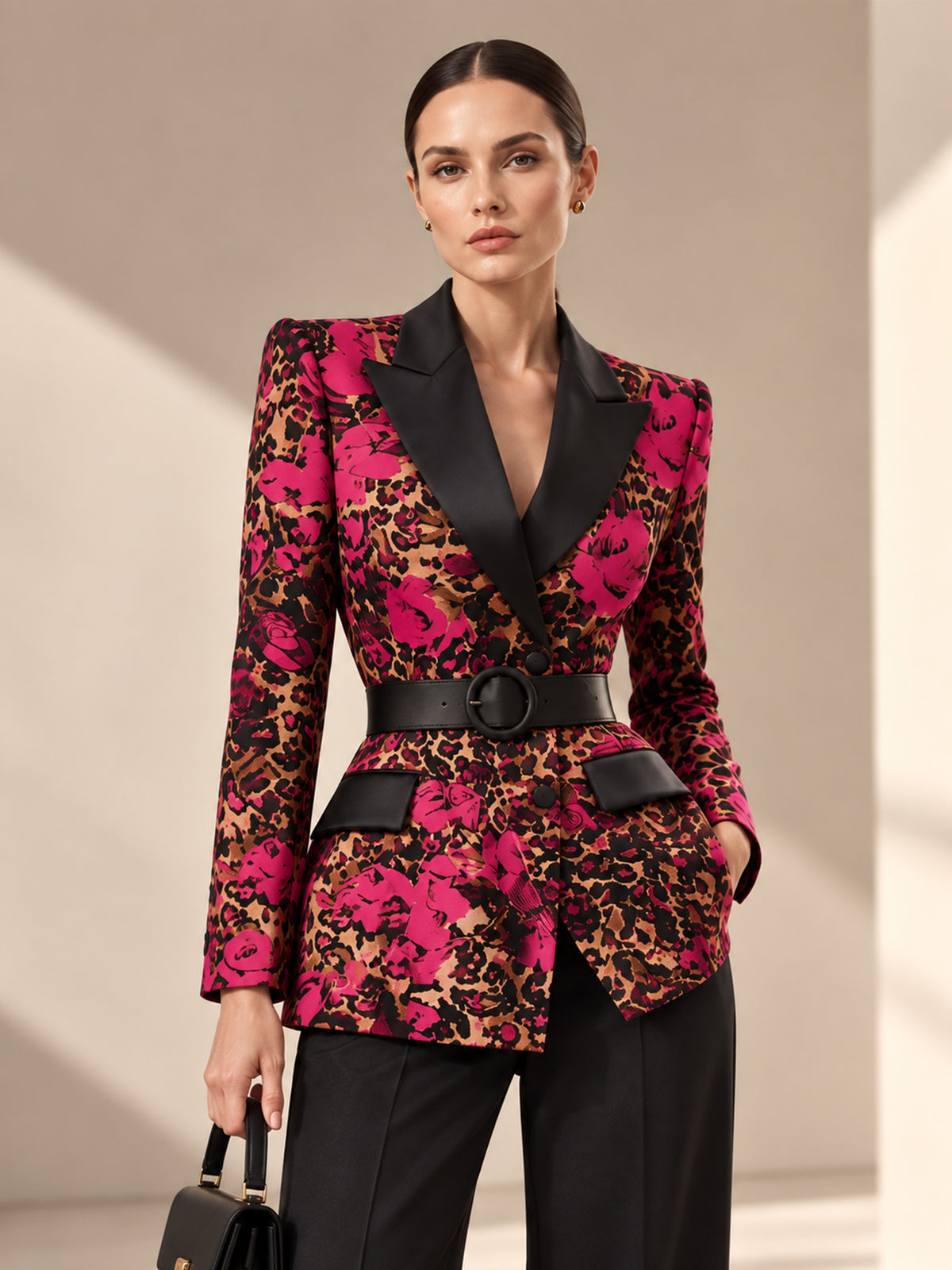 Black Blazer with Leopard Rose Print Peak Lapel & Black Wide Leg Flare Pants 2-Piece Suit