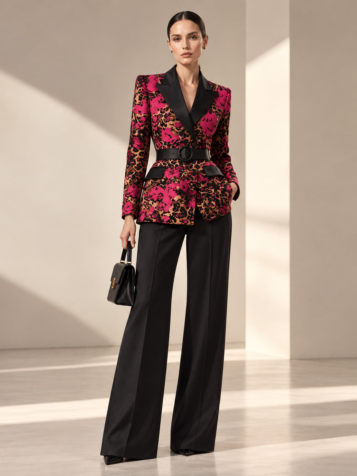 Black Blazer with Leopard Rose Print Peak Lapel & Black Wide Leg Flare Pants 2-Piece Suit