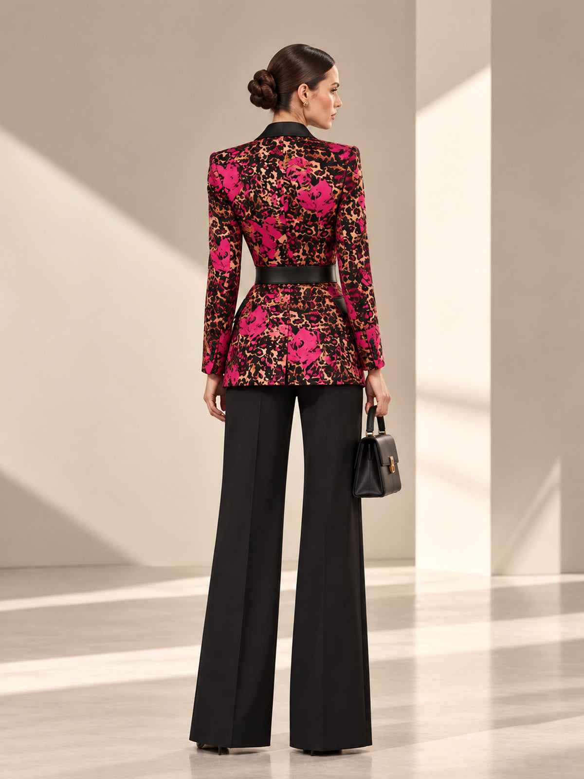 Black Blazer with Leopard Rose Print Peak Lapel & Black Wide Leg Flare Pants 2-Piece Suit
