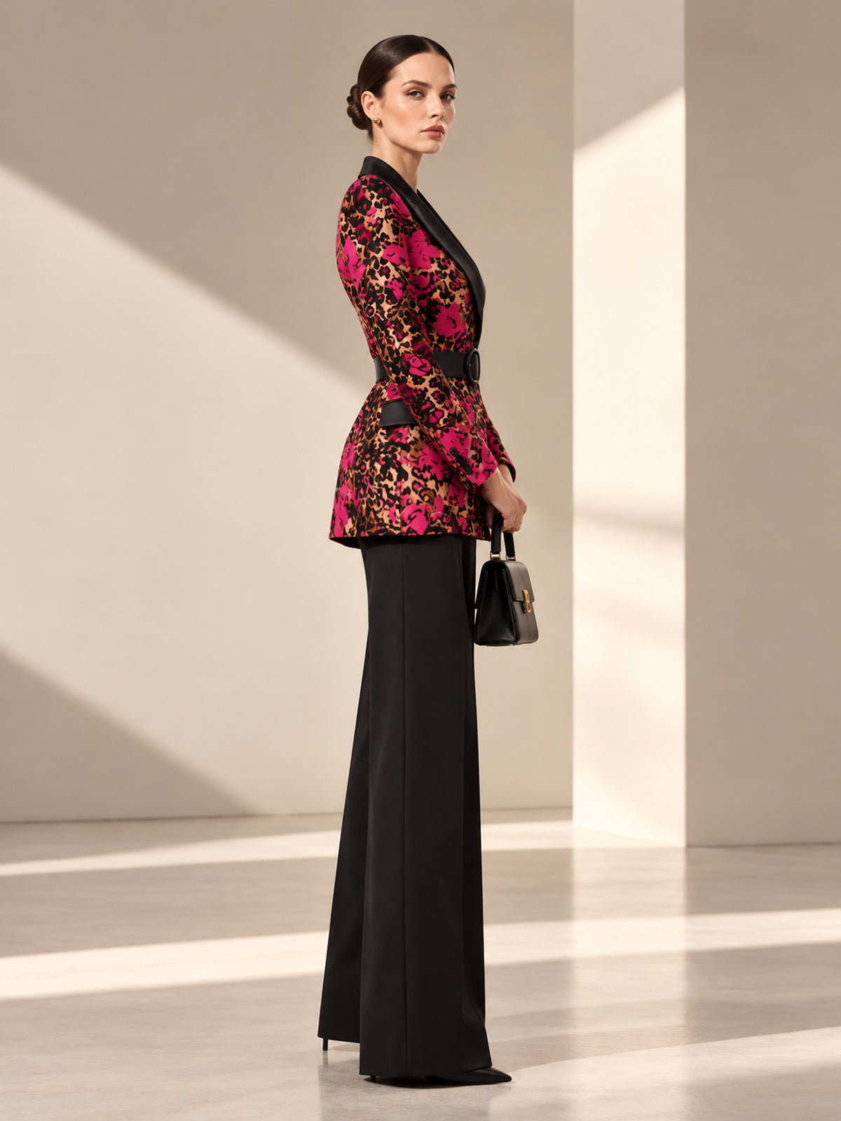Black Blazer with Leopard Rose Print Peak Lapel & Black Wide Leg Flare Pants 2-Piece Suit