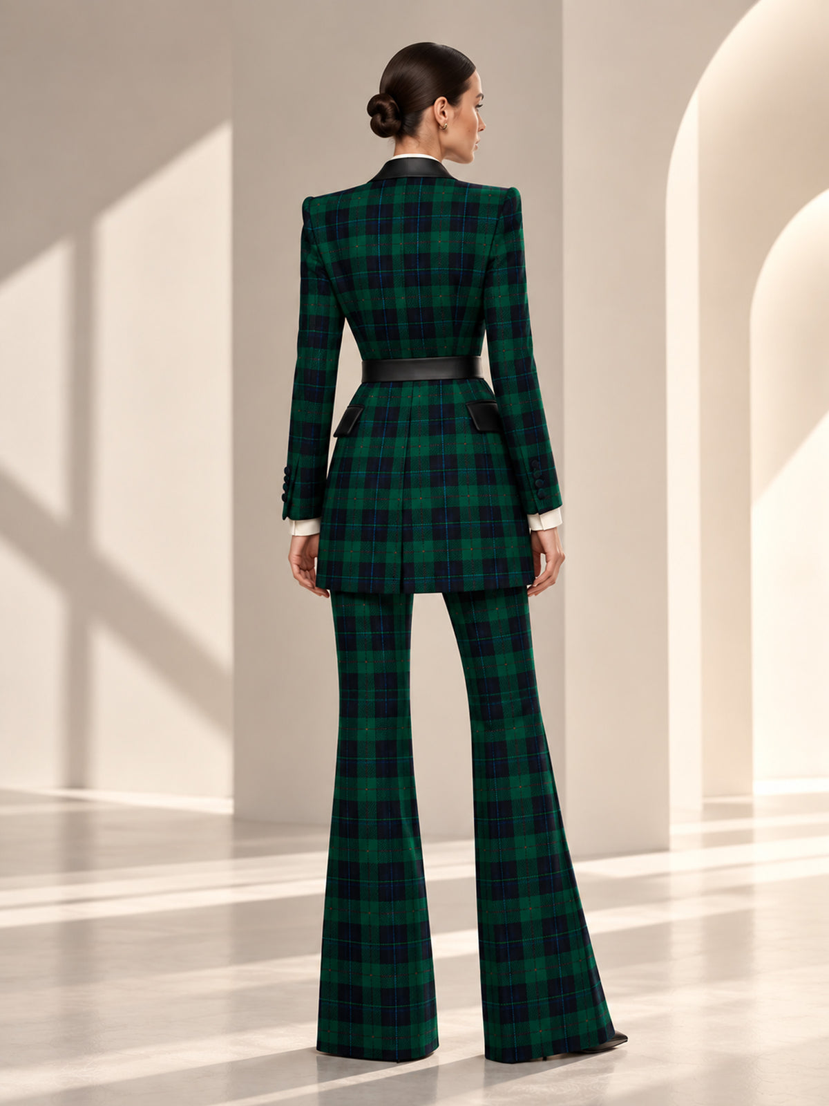Blue Base Green Check Peak Lapel Double Breasted Blazer & Vest & Flare Pants 3-Piece Suit
