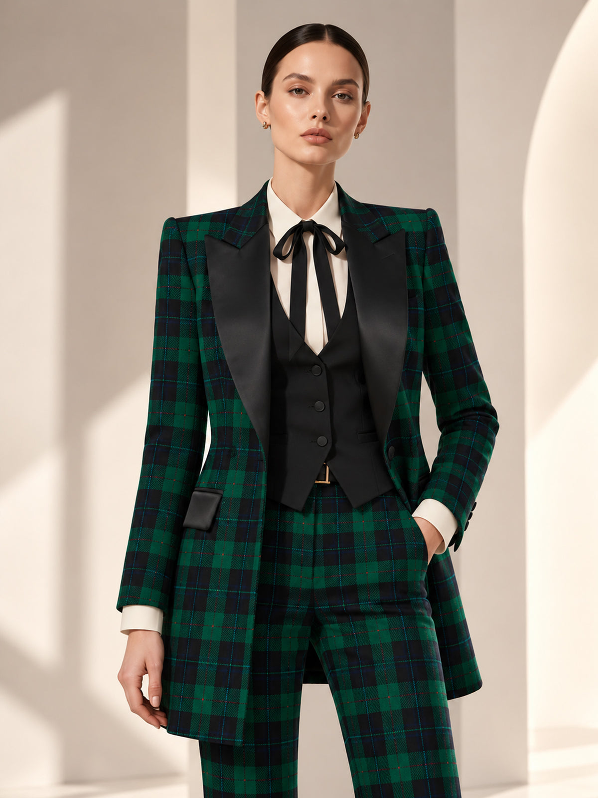 Blue Base Green Check Peak Lapel Double Breasted Blazer & Vest & Flare Pants 3-Piece Suit