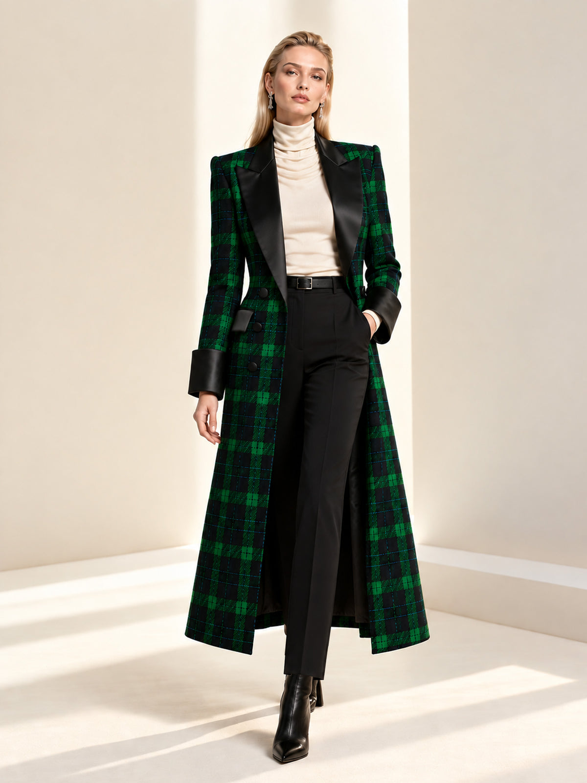 Blue Base Green Check Peak Lapel Double Breasted Long Blazer & Black Straight Leg Pants 2-Piece Suit