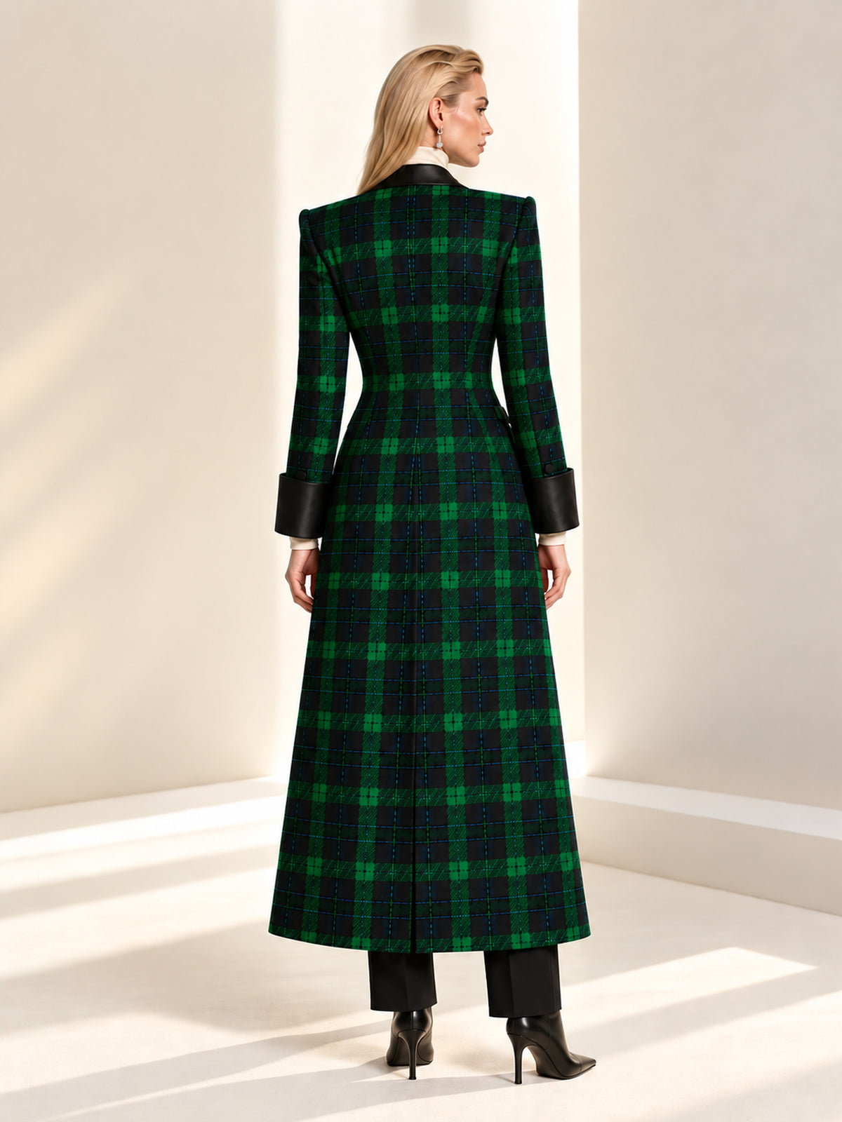 Blue Base Green Check Peak Lapel Double Breasted Long Blazer & Black Straight Leg Pants 2-Piece Suit