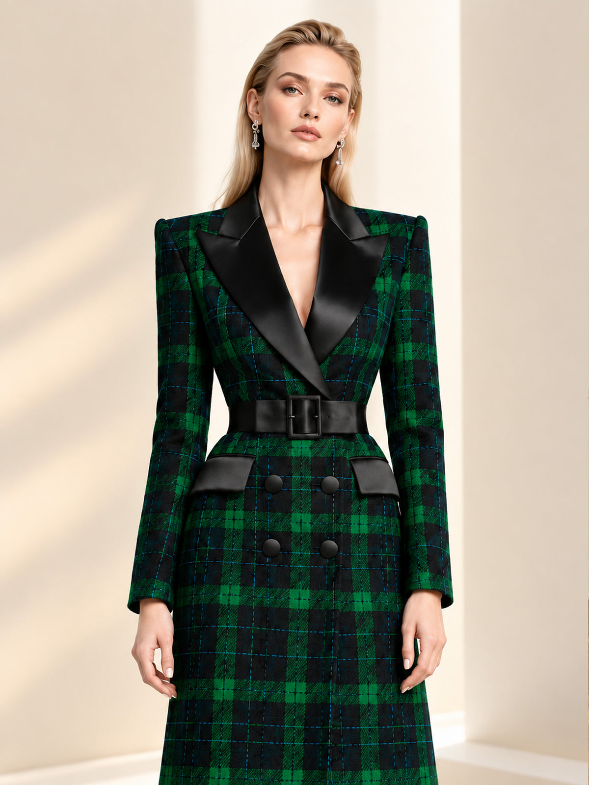 Blue Base Green Check Peak Lapel Double Breasted Long Blazer & Black Straight Leg Pants 2-Piece Suit