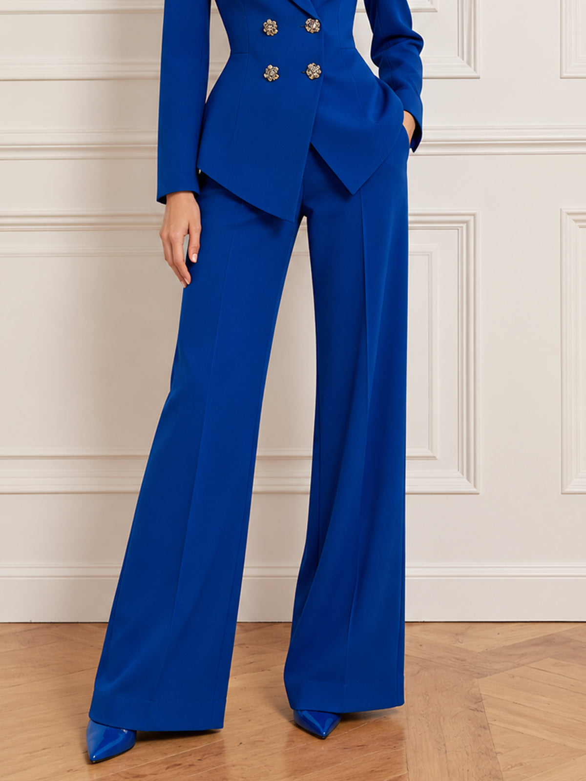 Royal Blue Double Breasted Blazer With Peak Lapels And Wide Leg Pants 2-Piece Suit
