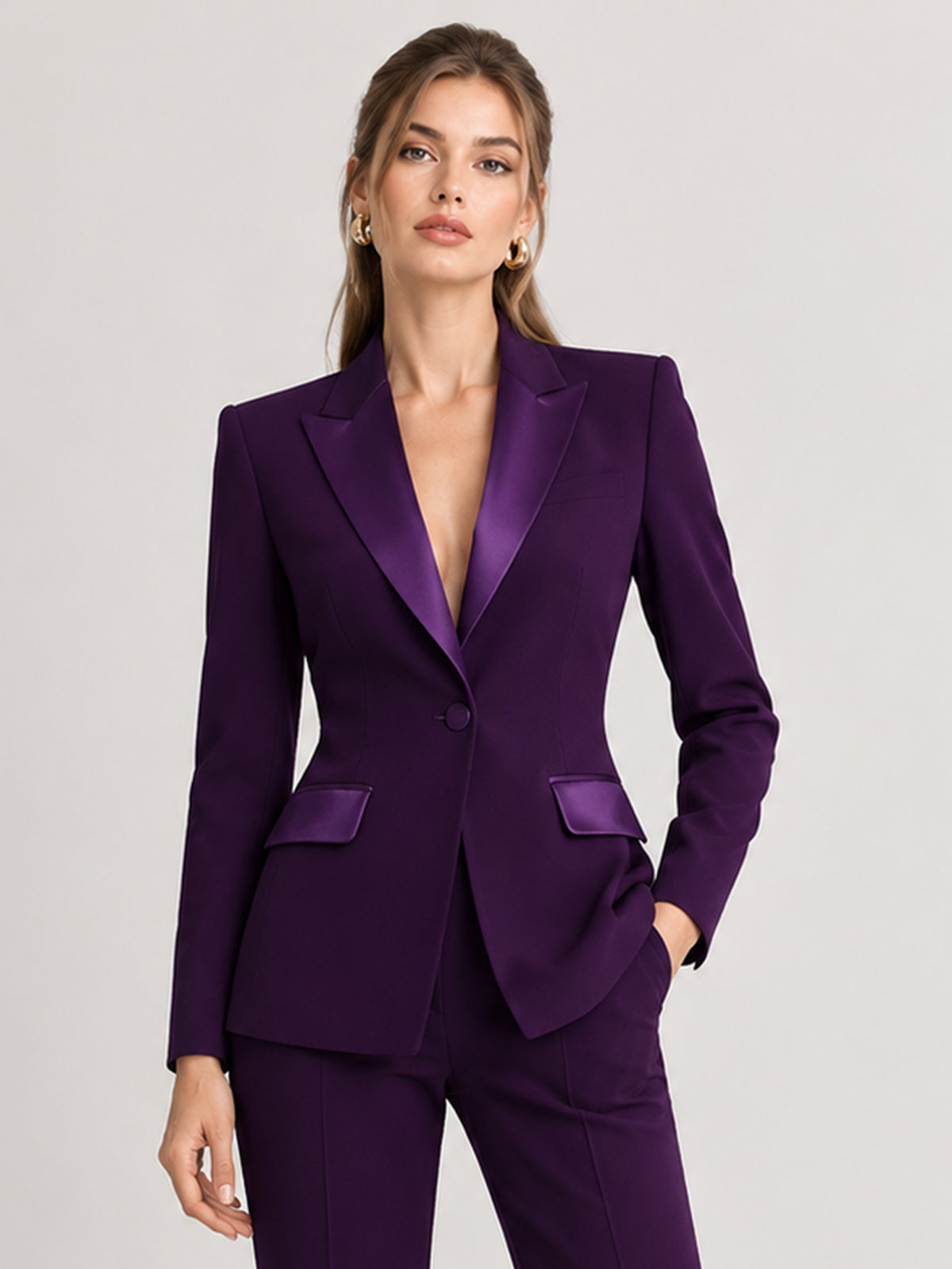 Purple Satin Blazer With Peak Lapels And Wide Leg Pants 2-Piece Suit