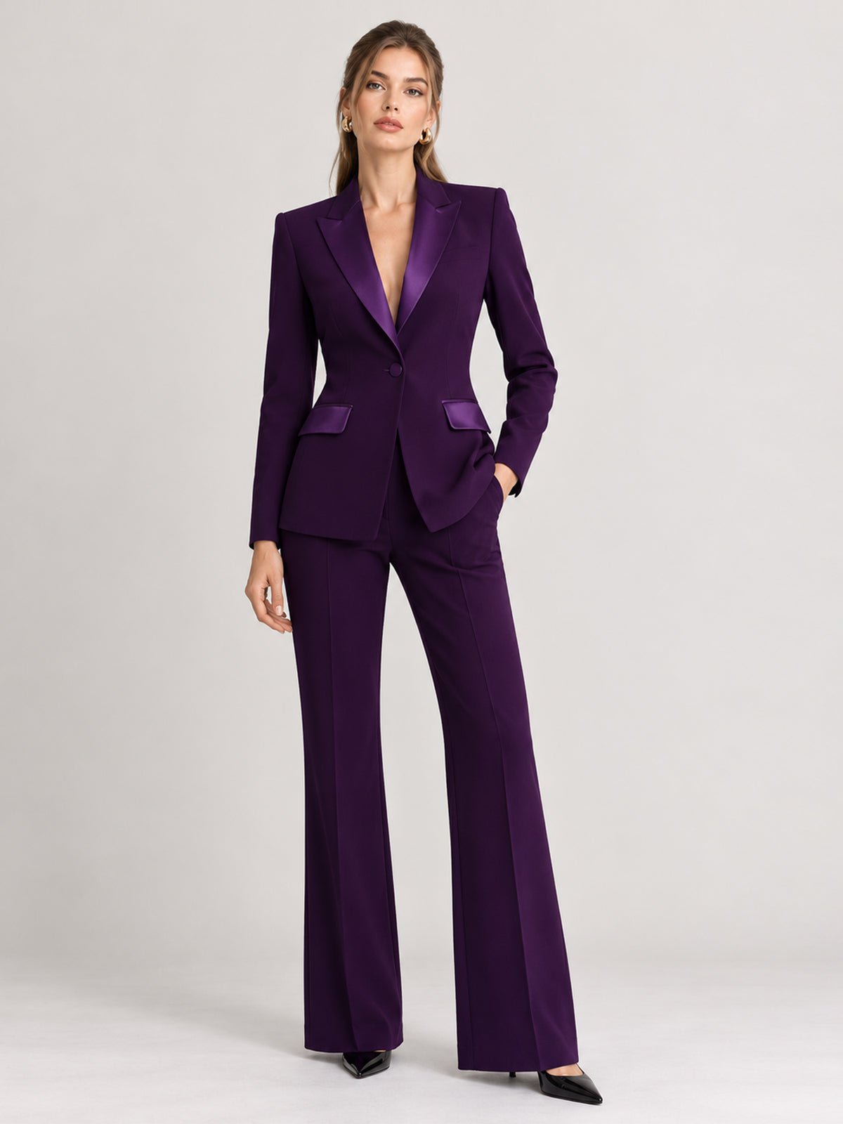 Purple Satin Blazer With Peak Lapels And Wide Leg Pants 2-Piece Suit