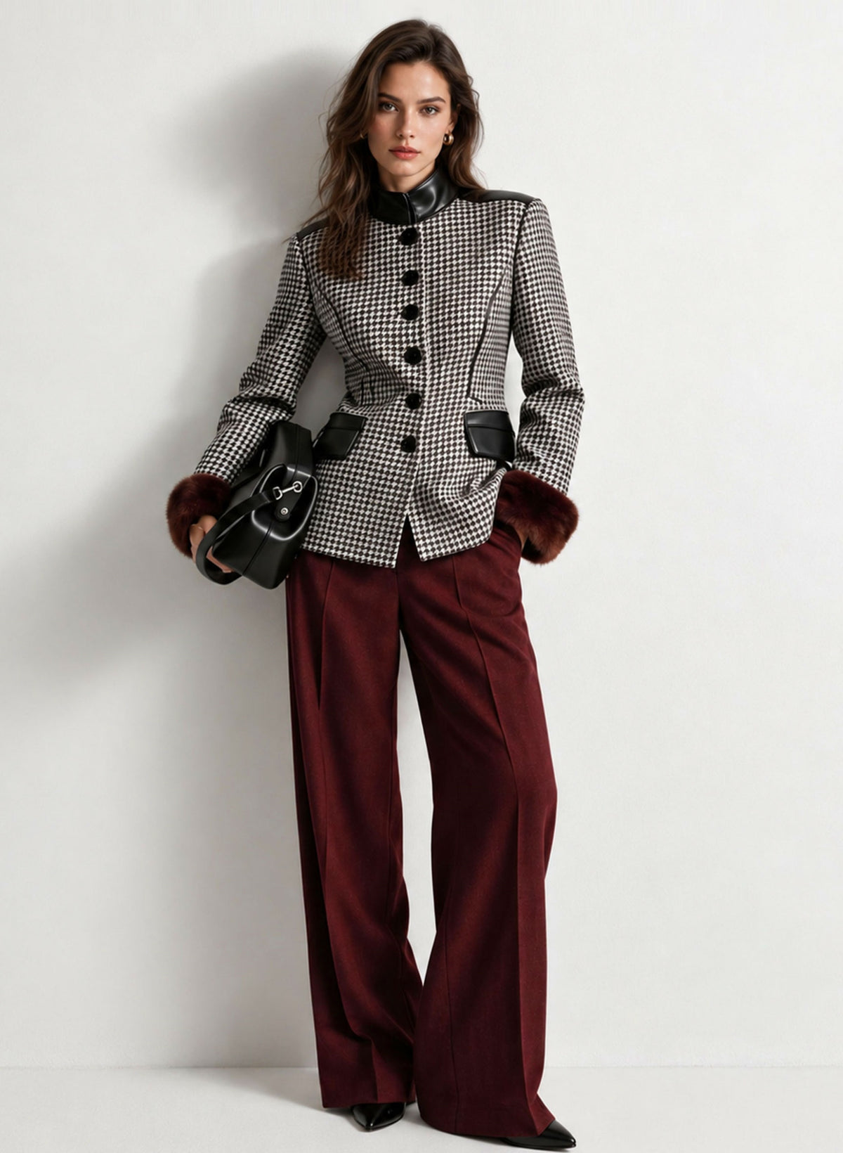Houndstooth Tweed Stand Collar Single Breasted Blazer & Dark Red Wide Leg Trousers 2-Piece Suit