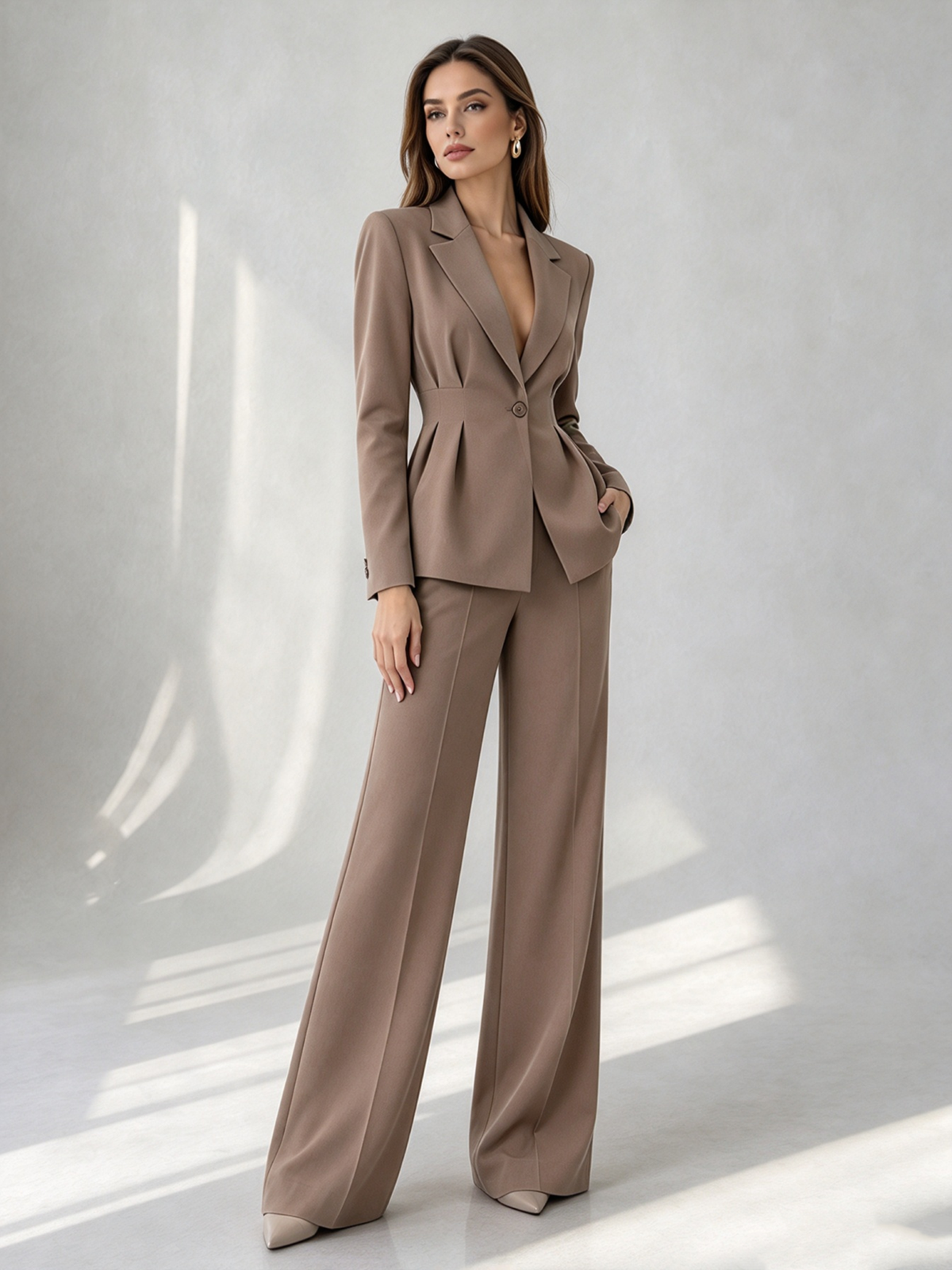 Taupe Notch Lapel Single Button Blazer & Wide Leg 2-Piece Suit