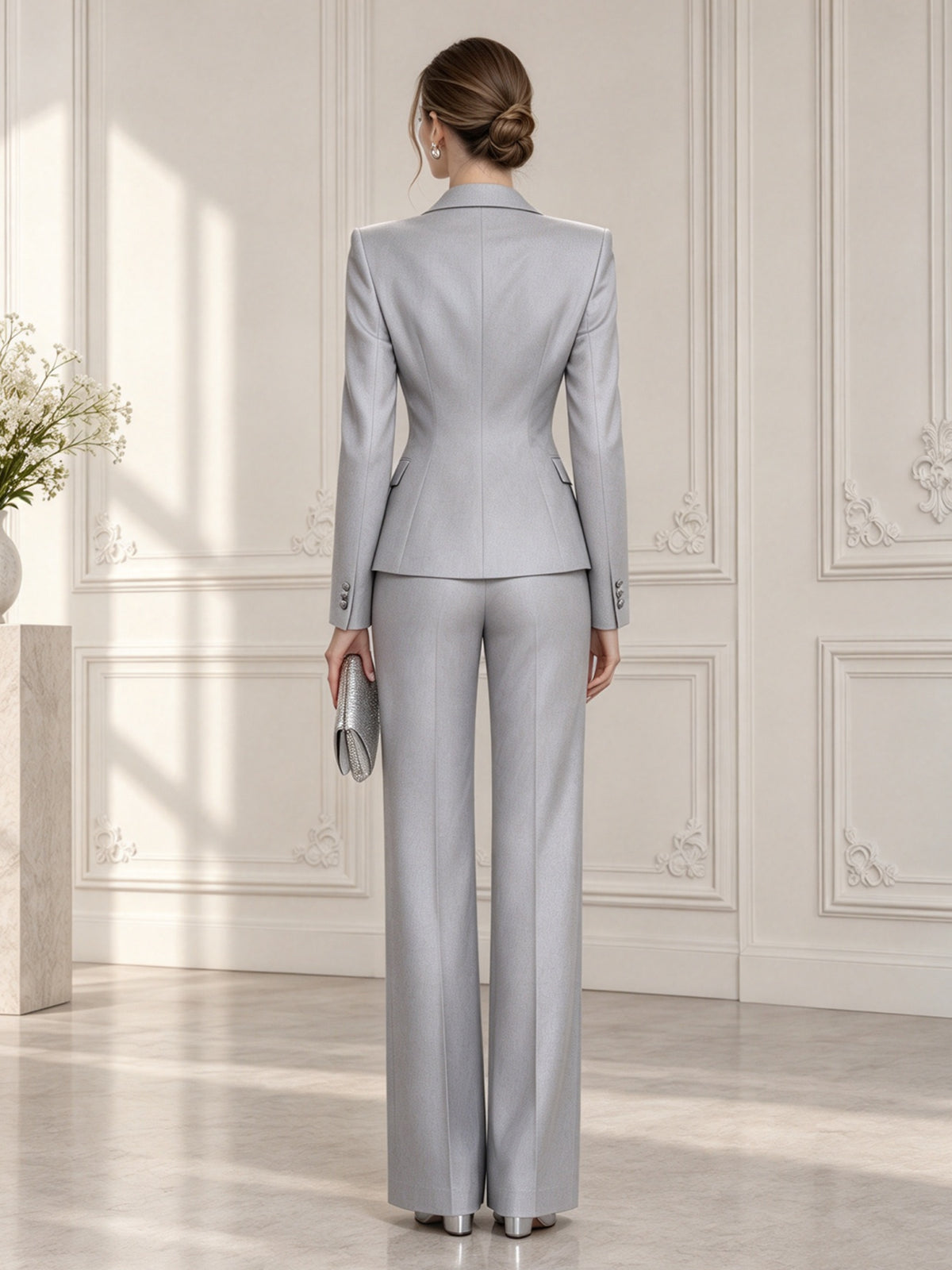 Light Gray Notch Lapel Single Button Blazer & Wide Leg 2-Piece Suit