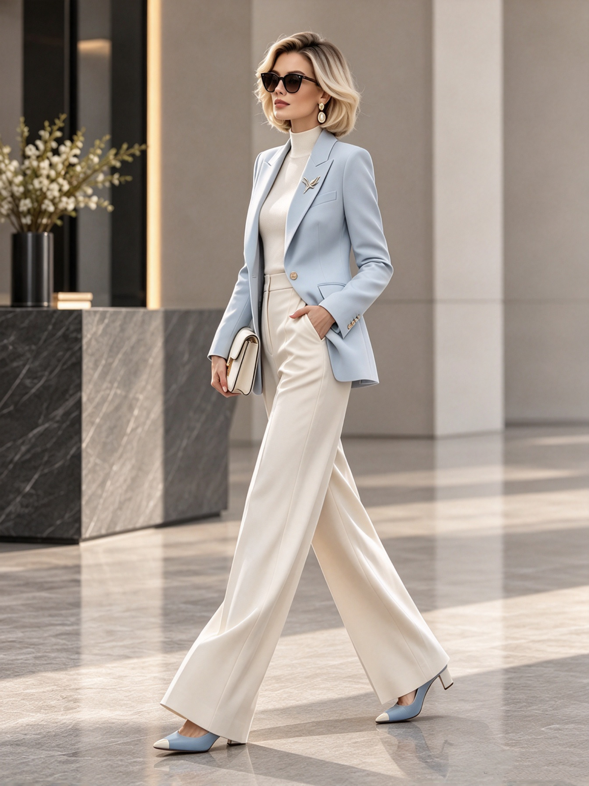 Light Blue Notch Lapel Single Button Blazer & Wide Leg 2-Piece Suit