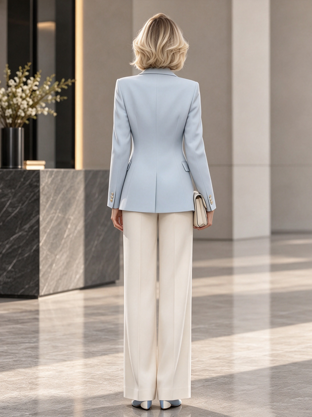 Light Blue Notch Lapel Single Button Blazer & Wide Leg 2-Piece Suit