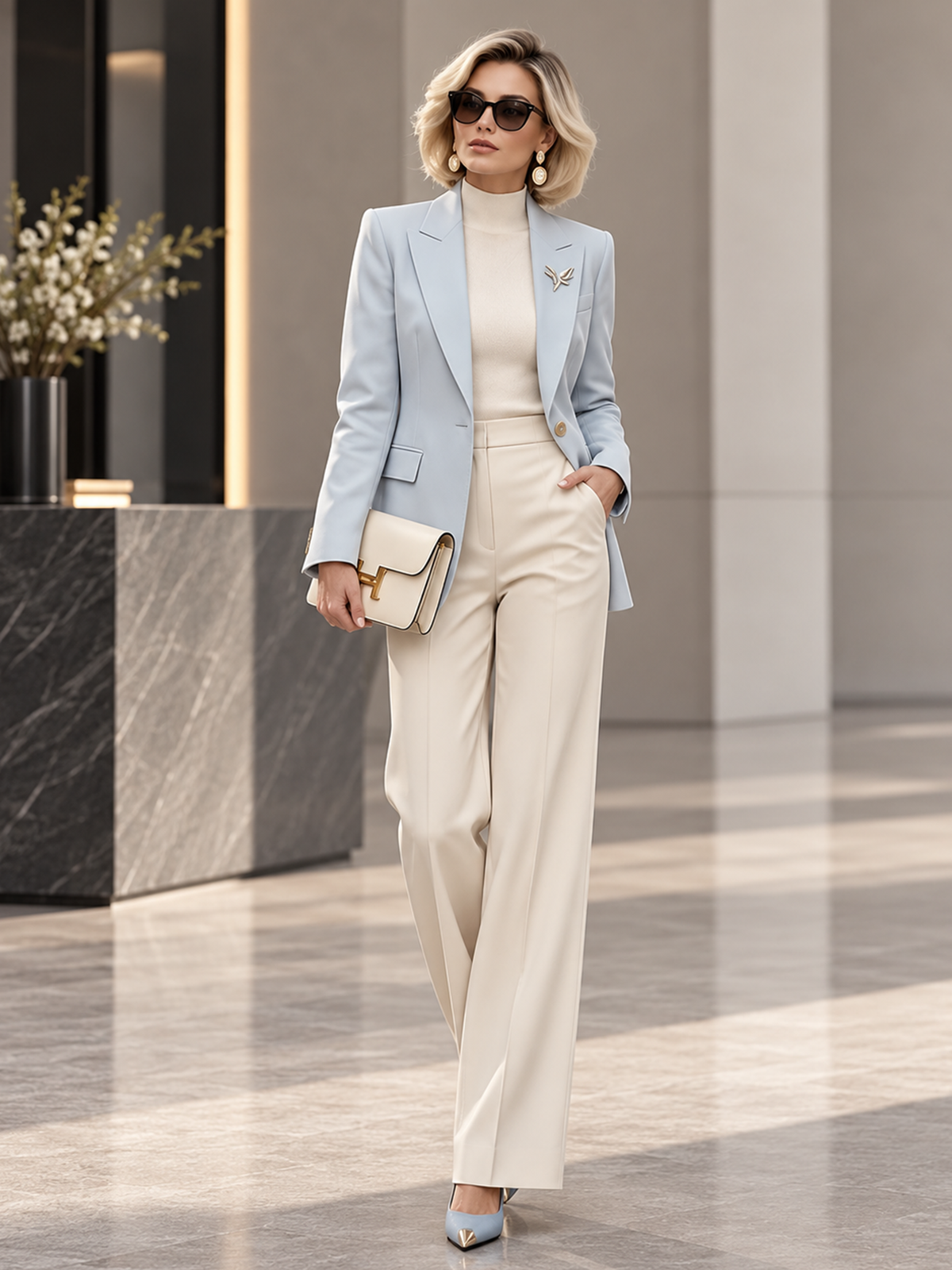 Light Blue Notch Lapel Single Button Blazer & Wide Leg 2-Piece Suit