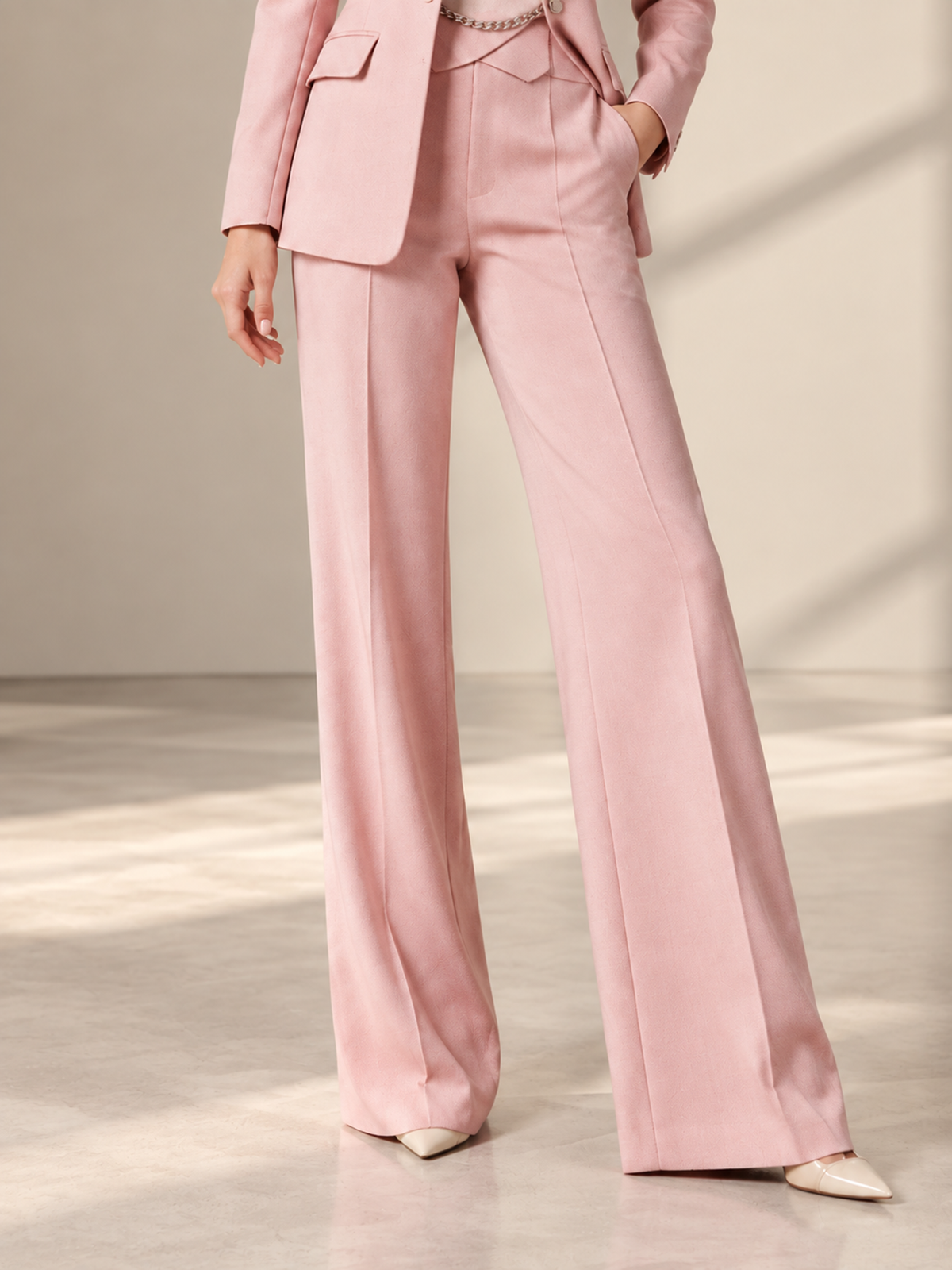 Pink Notch Lapel Two Button Blazer & Wide Leg 2-Piece Suit