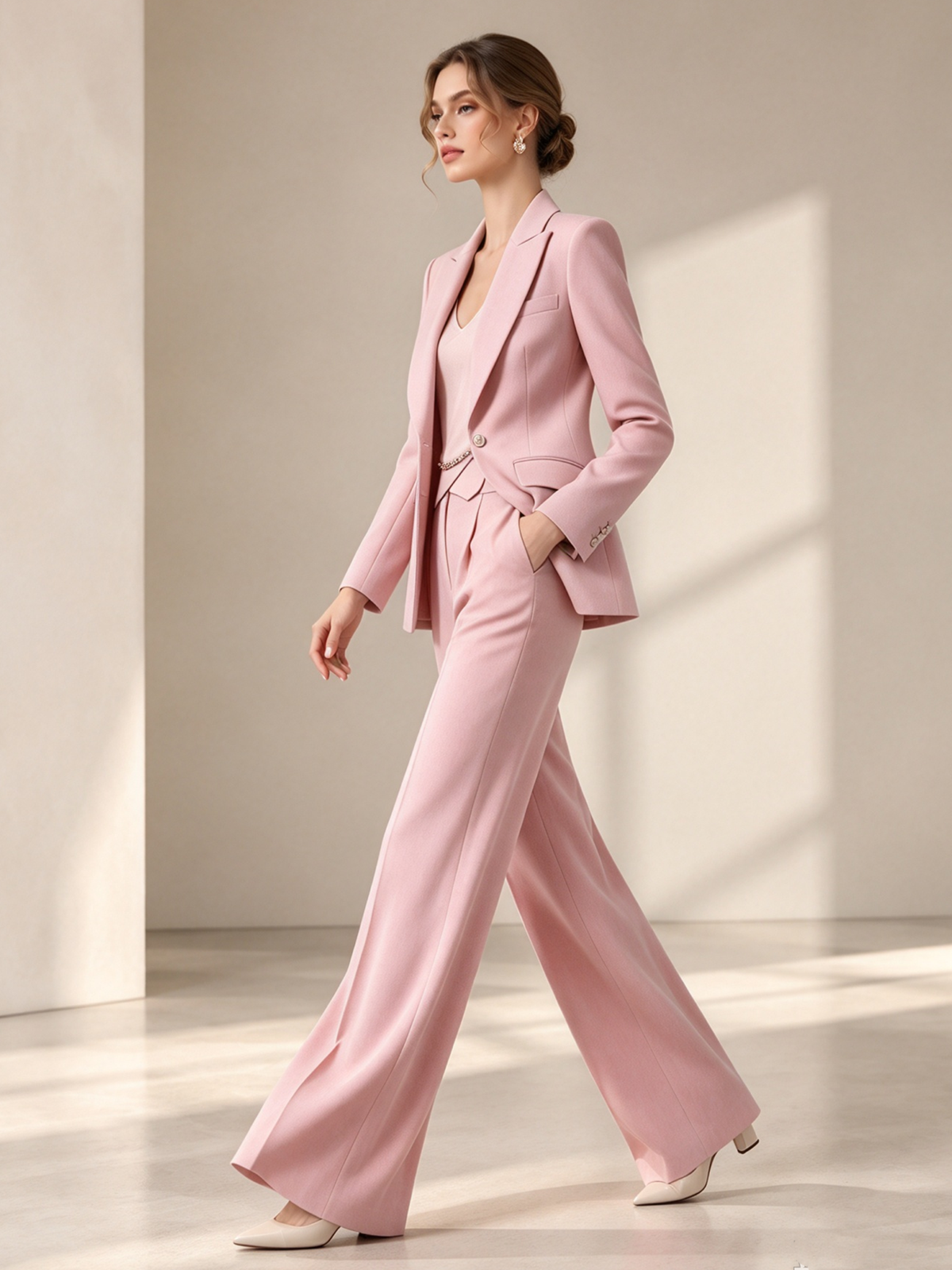 Pink Notch Lapel Two Button Blazer & Wide Leg 2-Piece Suit