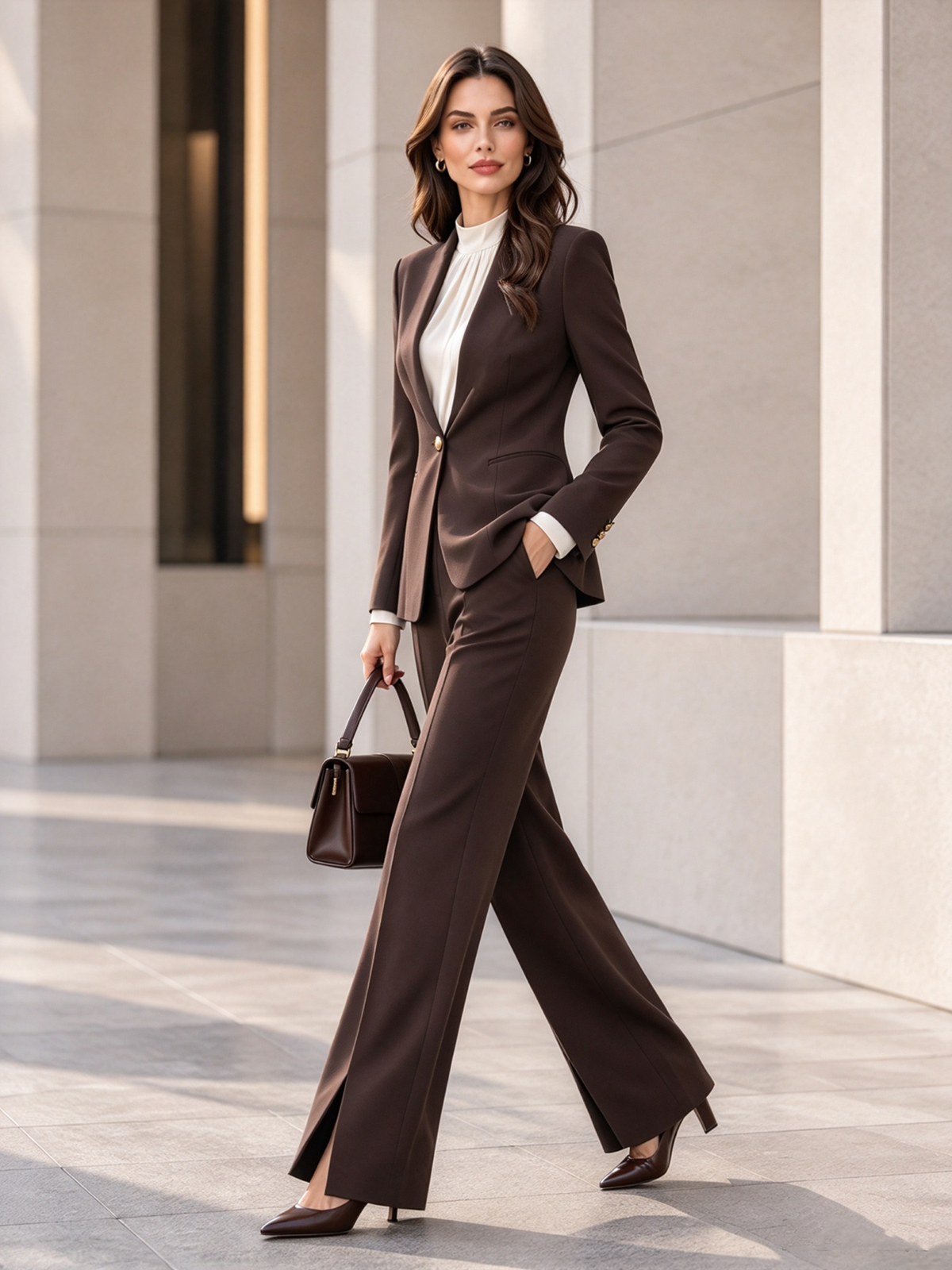 Dark Brown Notch Lapel Single Button Blazer & Wide Leg 2-Piece Suit
