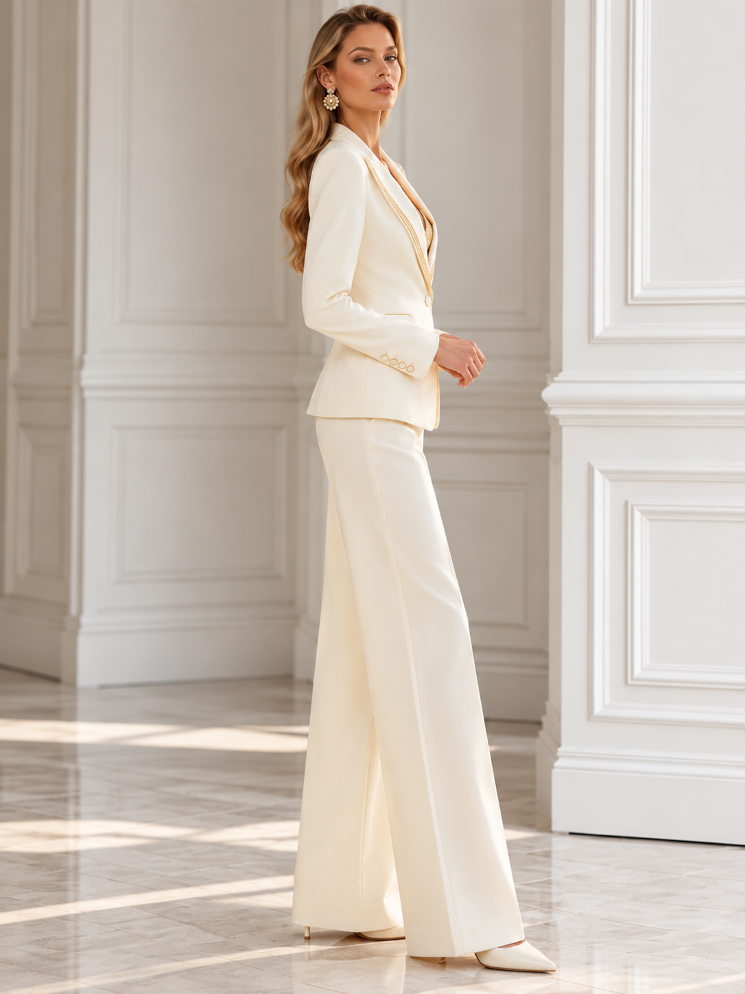 Cream Colored Single Breasted Blazer With Peak Lapels And Wide Leg Pants 2-Piece Suit